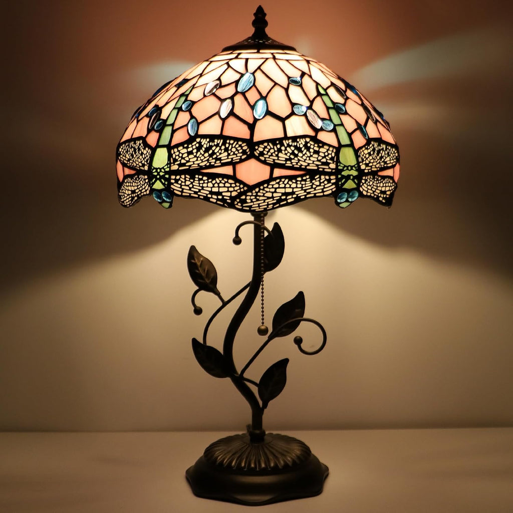 Tiffany Lamp Pink Dragonfly Style Stained Glass Table Lamp Desk Bedside Reading Light 12X12X19 Inches with Metal Leaf Base