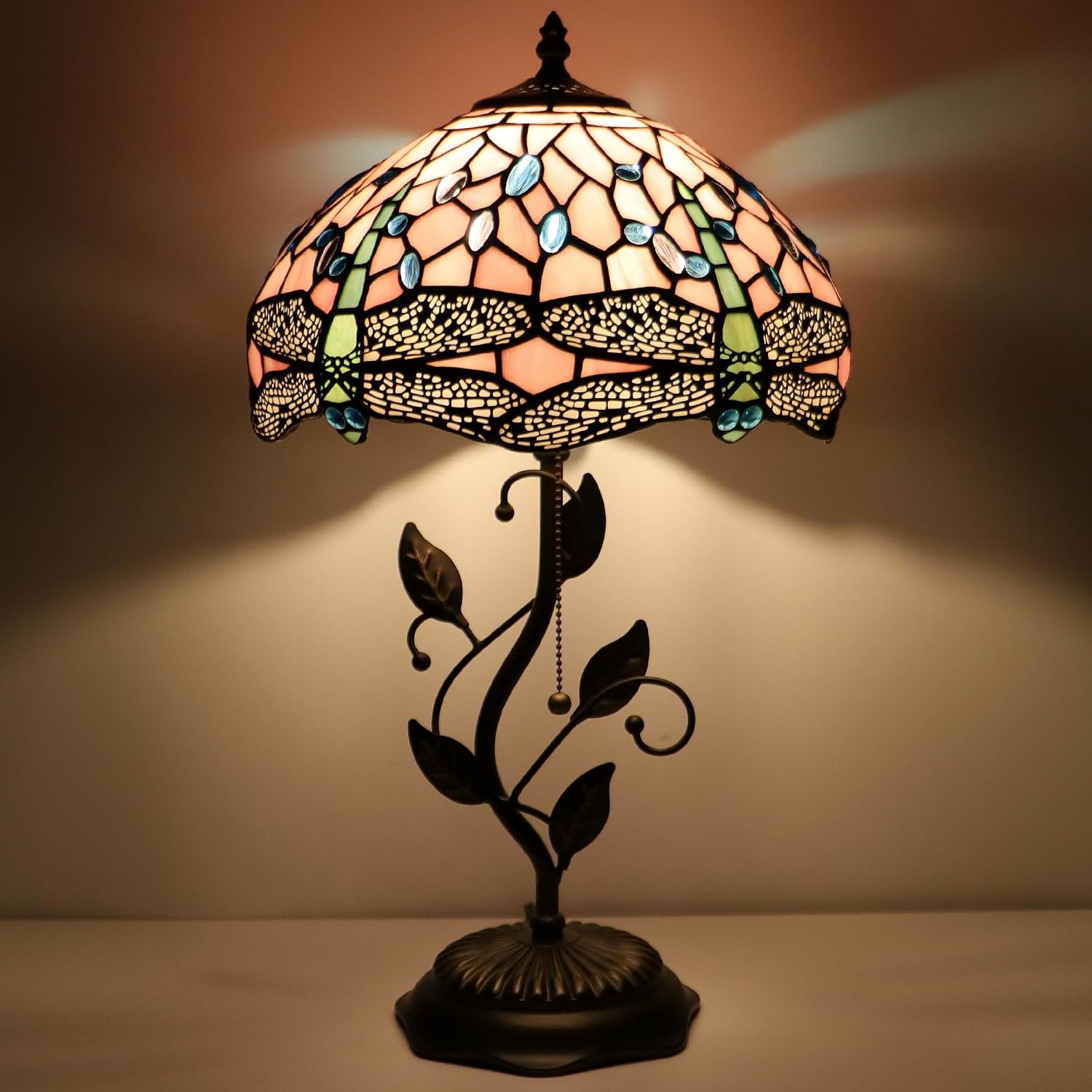 Tiffany Lamp Pink Dragonfly Style Stained Glass Table Lamp Desk Bedside Reading Light 12X12X19 Inches with Metal Leaf Base