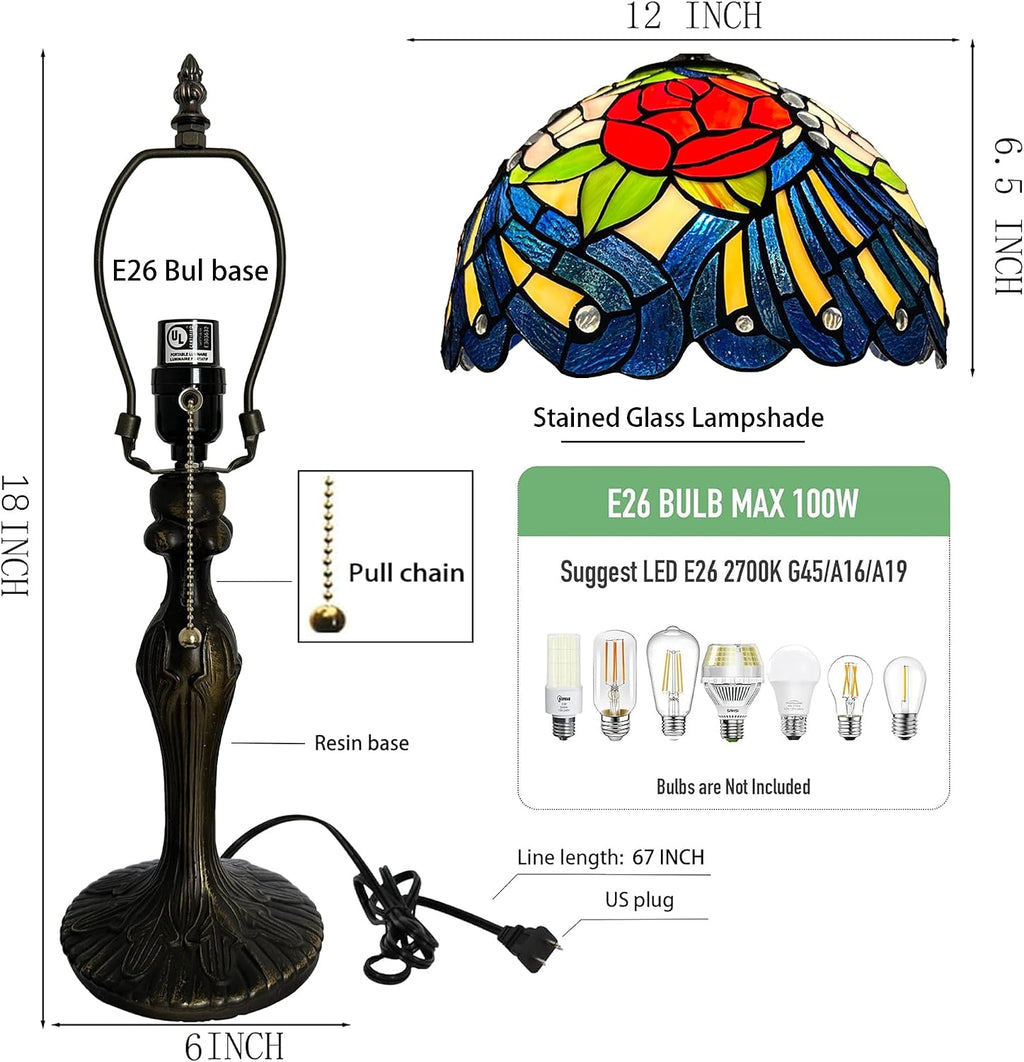 Tiffany Lamp Stained Glass Table Lamp 12' x 19' Pink Red Rose Style Decorative Lamp Bedside Reading Lamp for Desk Living Room Bedroom Office Study Light Home Decor Gift