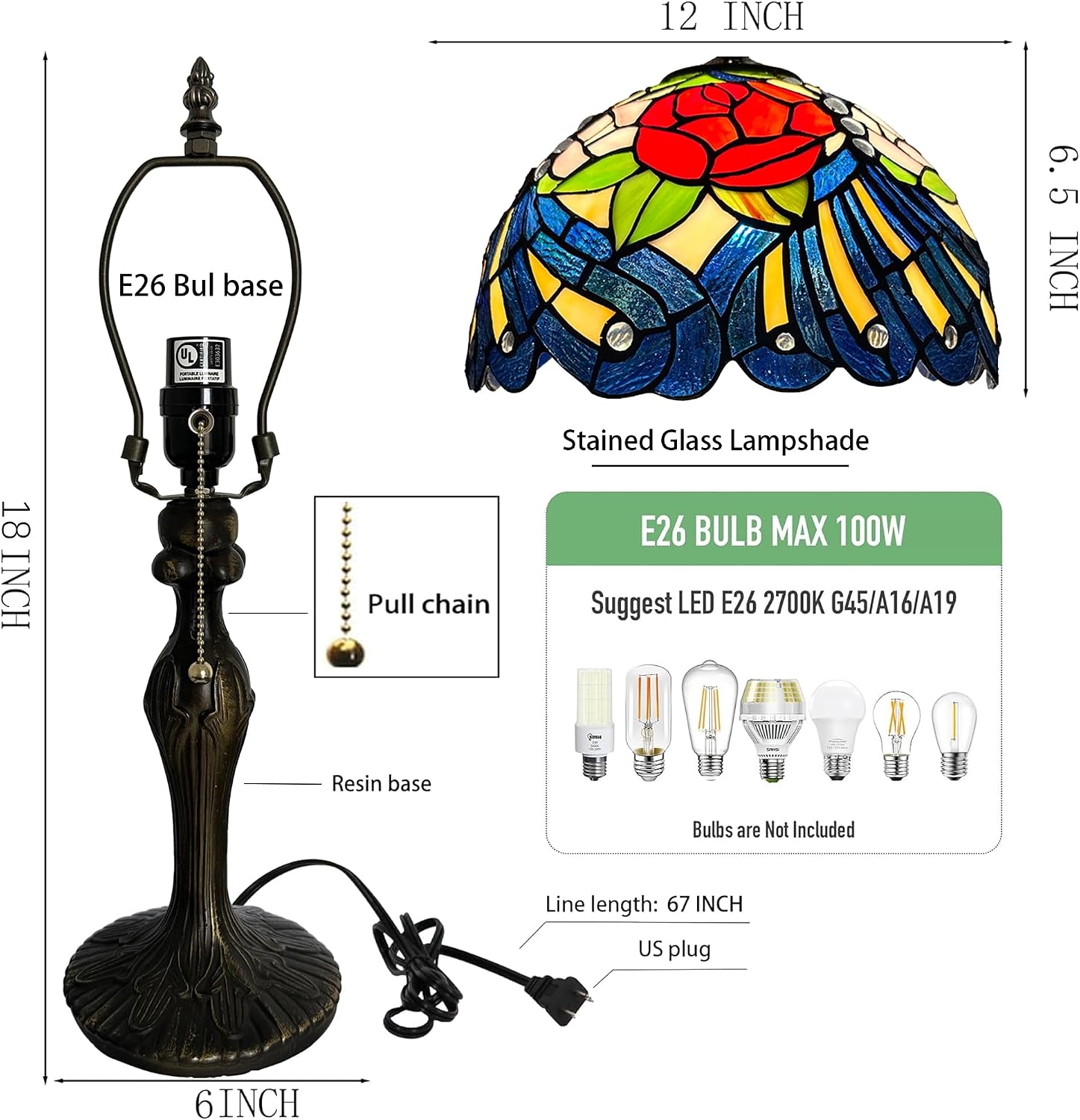 Tiffany Lamp Stained Glass Table Lamp 12' x 19' Pink Red Rose Style Decorative Lamp Bedside Reading Lamp for Desk Living Room Bedroom Office Study Light Home Decor Gift