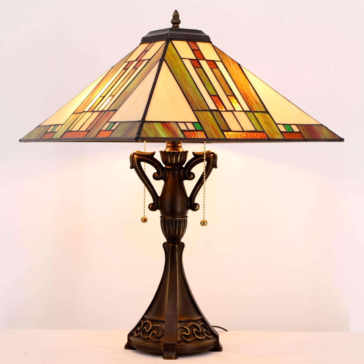 Tiffany Table Lamp Stained Glass Blue White Brown Square Mission Style Desk Reading Light 16X16X24 Inch for Bedroom Living Room Home Office