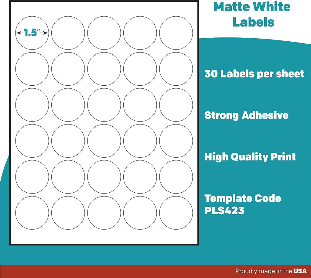 Premium Label Supply White Sticker Round Labels – 1.5' Circle – Laser/Inkjet Compatible – (30 per Sheet), 1000 Sheets – 30,000 Total Adhesive Labels
