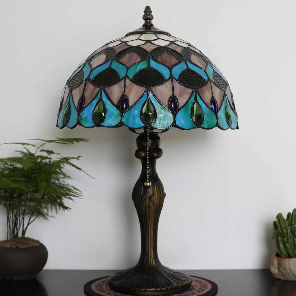 Tiffany Lamp Stained Glass Table Lamp Bedside Reading Lamp 12 x 19' Blue Phoenix Tail Style Decorative Lamp for Desk Study Living Room Bedroom Office Decor Gift
