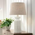 360 Lighting Helene Country Cottage Table Lamp with Dimmer and USB Charging Port 26' High Cream White Ceramic Tan Linen Tapered Drum Shade for Living Room Bedroom House Bedside (Color May Vary)