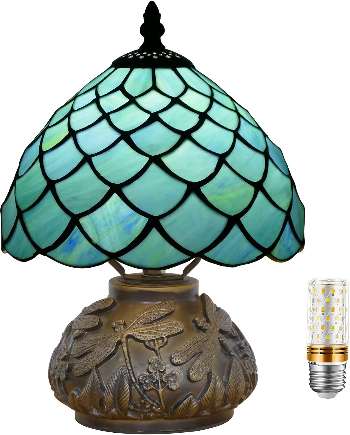 Small Tiffany Lamp Mini Stained Glass Table Lamp Mushroom Memory Sympathy Lamp 8X11 Inch (Fishscale Style)