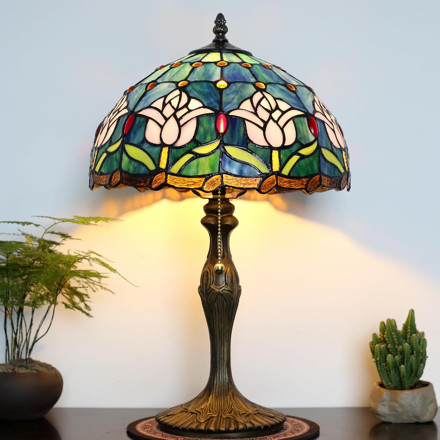 Tiffany Lamp Stained Glass Table Lamp 12' x 19' Pink Tulip Style Decorative Lamp Bedside Reading Lamp for Desk Living Room Bedroom Office Study Light Home Decor Gift