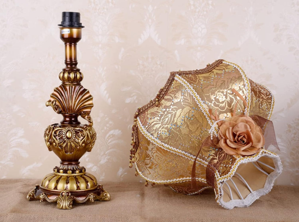 Victorian Style Table Lamp Handmade Traditional Brown Gold Lace Fabric Bedside Lamp Antique Painted Resin Base Desk Lamp for Bedroom Living Room Office, 13' W, 21.6' H. (B1)