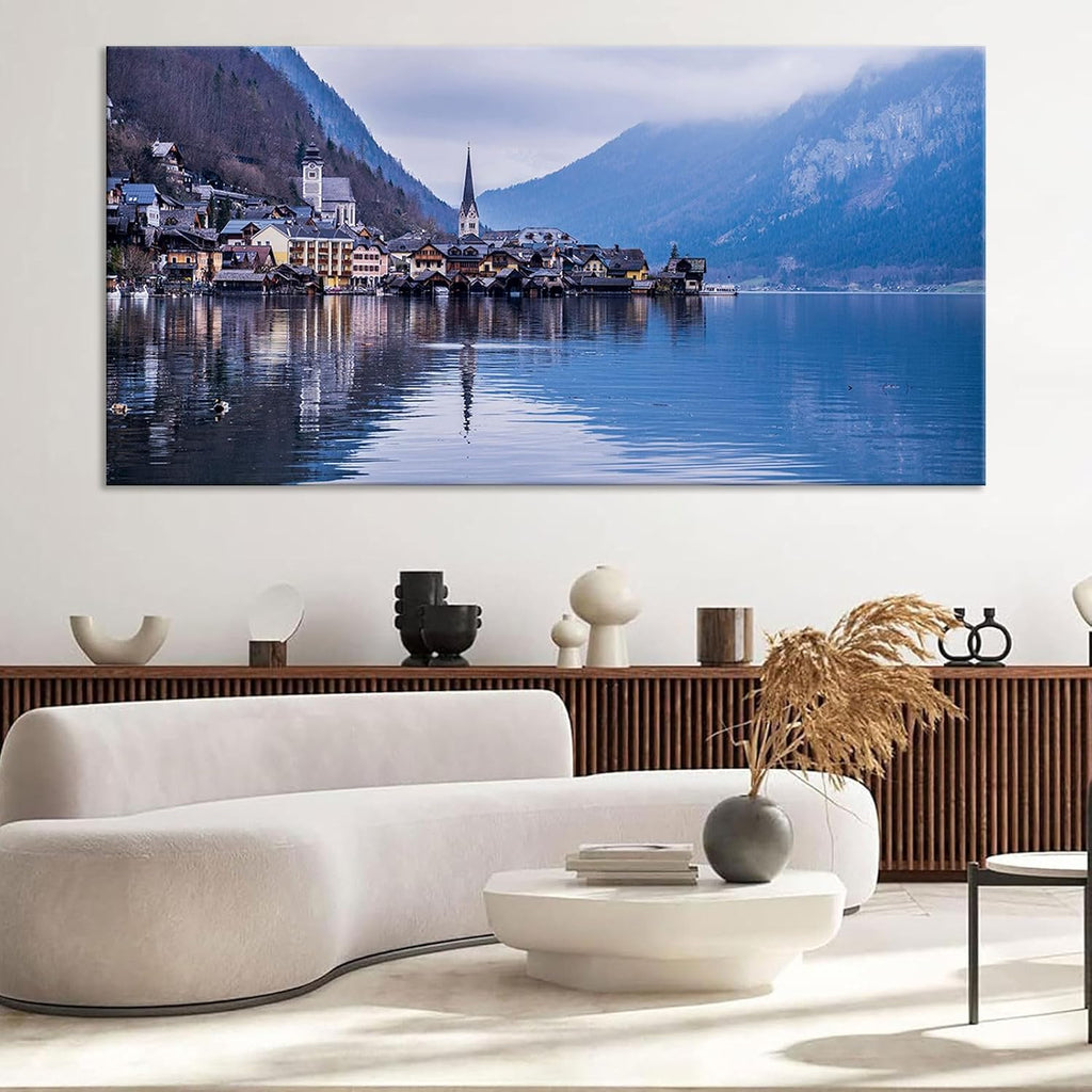 Large European Hallstatt Alpine Village Wall Art Austrian Lakeside Town Canvas Print Misty Mountain Landscape Posters Reflected Houses Travel Home Decor Artwork for Living Room 20x40inch Framed