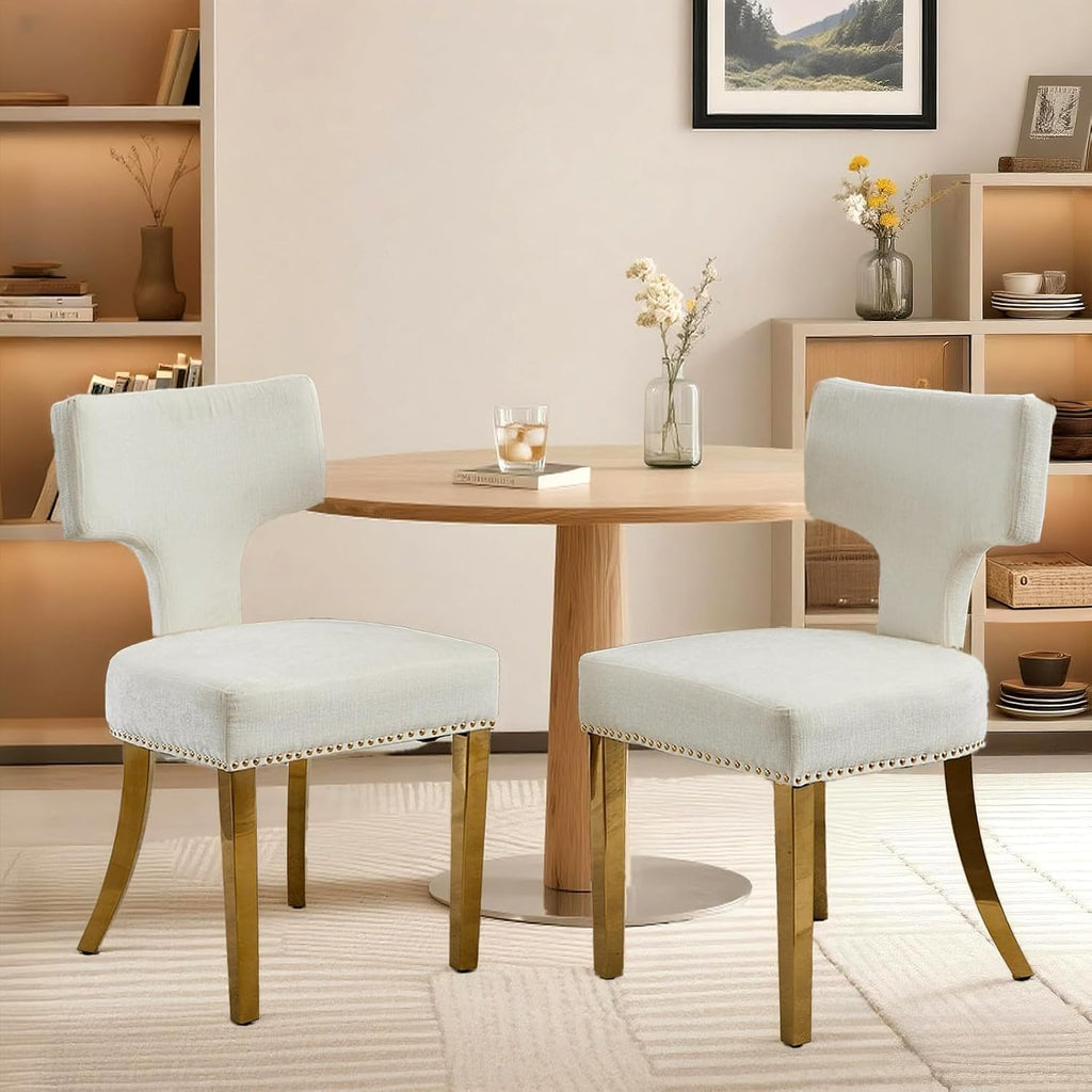 Dining Chair Set of 2 Linen Fabric Curved Backrest Farmhouse Mid Century Accent Upholstered Kitchen Chairs with Gold Legs and Foot Pad for Dining Room/Living Room/Restaurant,Beige