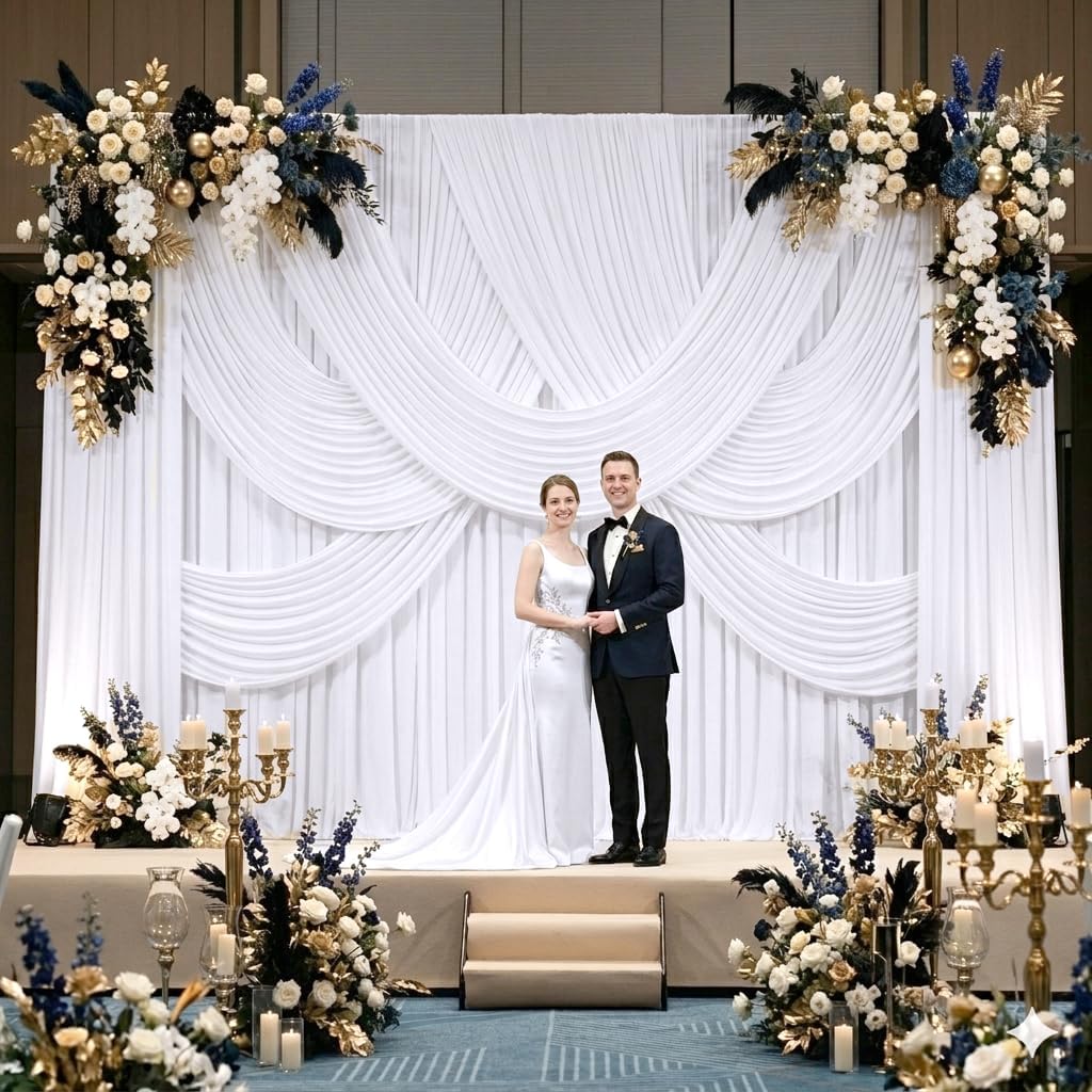 50ft x 8ft Wrinkle Free White Backdrop Curtains for Parties, 10 Panels 5ftx8ft Polyester Photo Backdrop Drapes for Weddings Birthday Photography Background Curtains