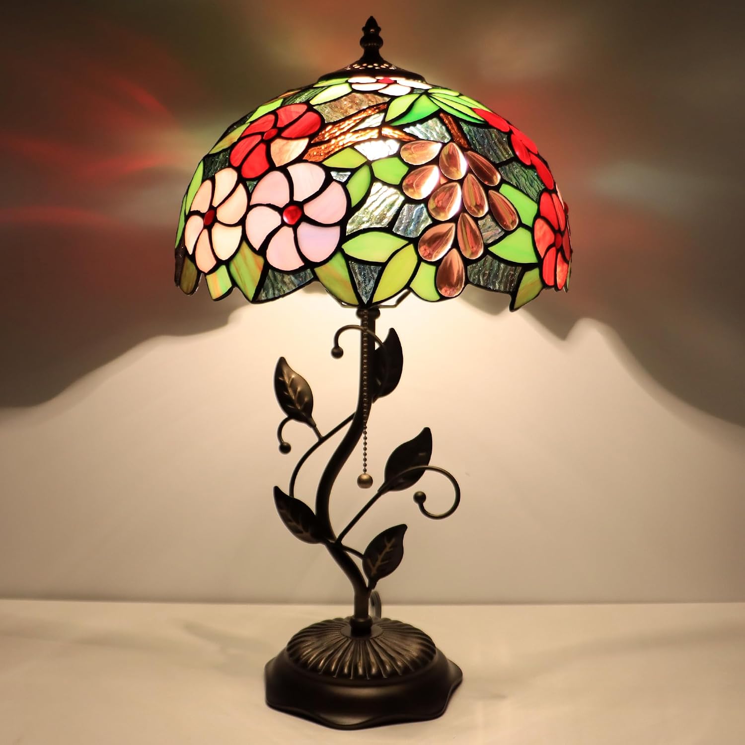 Tiffany Lamp Grape Style Stained Glass Table Lamp Desk Bedside Reading Light 12X12X19 Inches with Metal Leaf Base