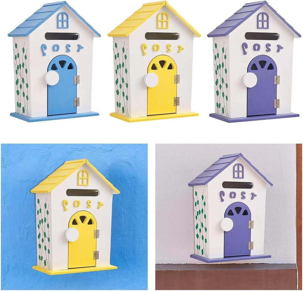 Wall Mount Mailbox Garden Wooden Post Box Rustic Sturdy Farmhouse Letter for Home Office(Yellow)
