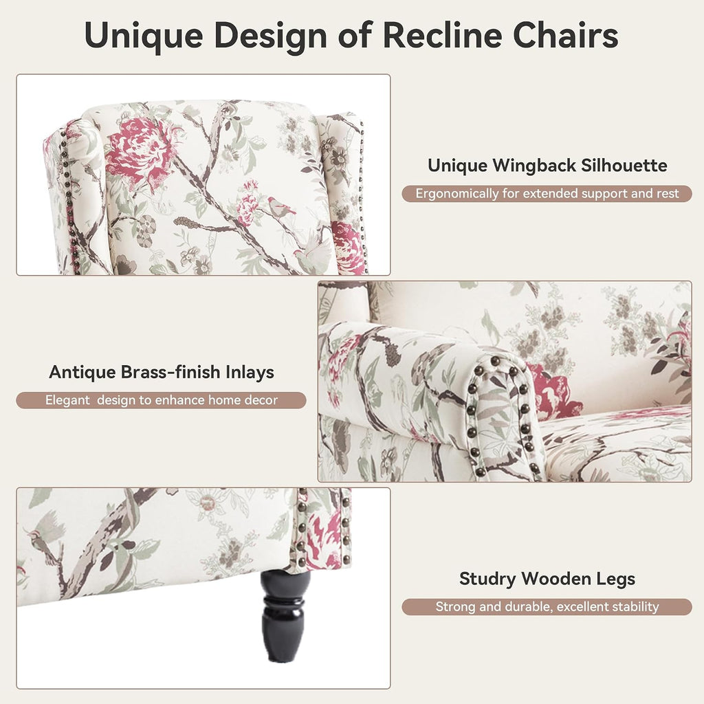 Pushback Recliner Chair, Floral Fabric Wingback Recliner Chair, Upholstered Rivet Trim Armchair Push Back Recliner Accent Chair for Living Room Small Spaces, Plants Floral