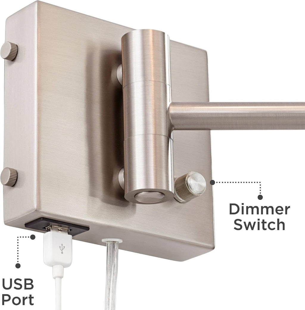 360 Lighting Vero Modern Swing Arm Wall Lamp with USB Charging Port Brushed Nickel Plug-in Light Fixture White Drum Shade for Bedroom Bedside House Reading Living Room Home Hallway Dining
