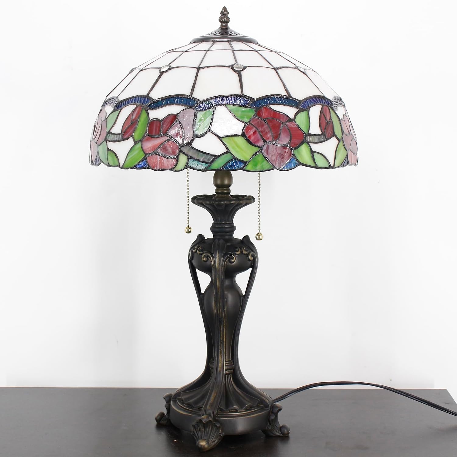 Tiffany Lamp(2 Lights) Stained Glass Table Lamp Bedside Desk Reading Light 16X16X24 Inch Decor Bedroom Living Room Home Office (Red Rose)