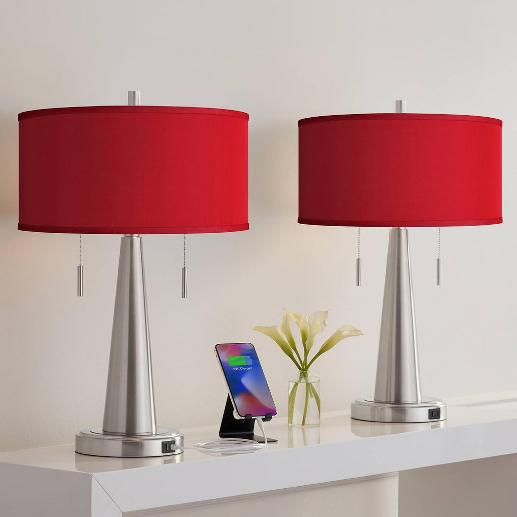 Possini Euro Design Vicki Modern Accent Table Lamps 23' High Set of 2 with USB Charging Port Brushed Nickel Red Faux Silk Drum Shade for Living Room Desk Bedroom House Bedside Nightstand Home