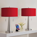 Possini Euro Design Vicki Modern Accent Table Lamps 23' High Set of 2 with USB Charging Port Brushed Nickel Red Faux Silk Drum Shade for Living Room Desk Bedroom House Bedside Nightstand Home