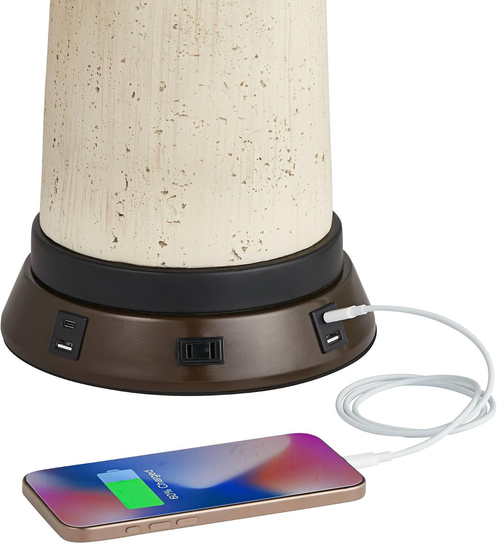 Barnes and Ivy Brighton Rustic Farmhouse Table Lamp 27 1/4' Tall with USB and AC Power Outlet in Base Bronze Hammered Pot Beige Drum Shade for Bedroom Living Room House Home Bedside Nightstand