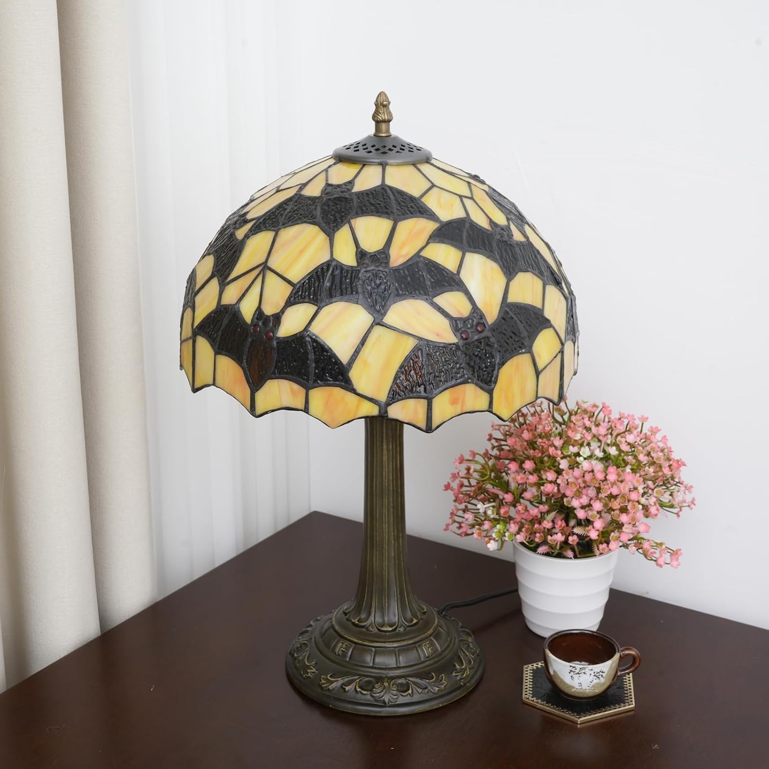 Tiffany Lamp Black Bat Style Stained Glass Table Lamp Vintage Bedroom Bedside Light for Home Dorm Office Art Craft Antique Decor Accent Aesthetic Nightstand Reading Light 12x12x19 Inches