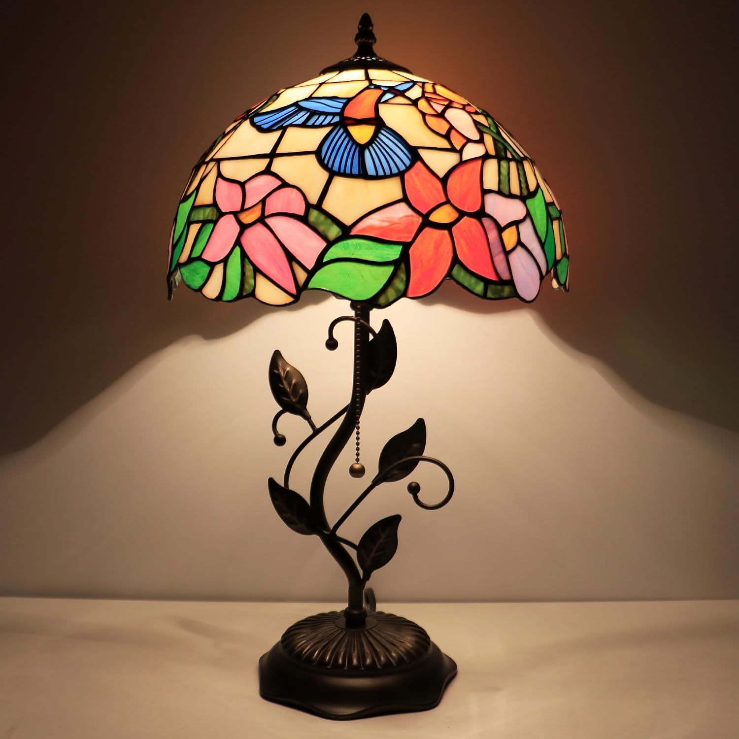 Tiffany Lamp Hummingbird Style Stained Glass Table Lamp Desk Bedside Reading Light 12X12X19 Inches with Metal Leaf Base