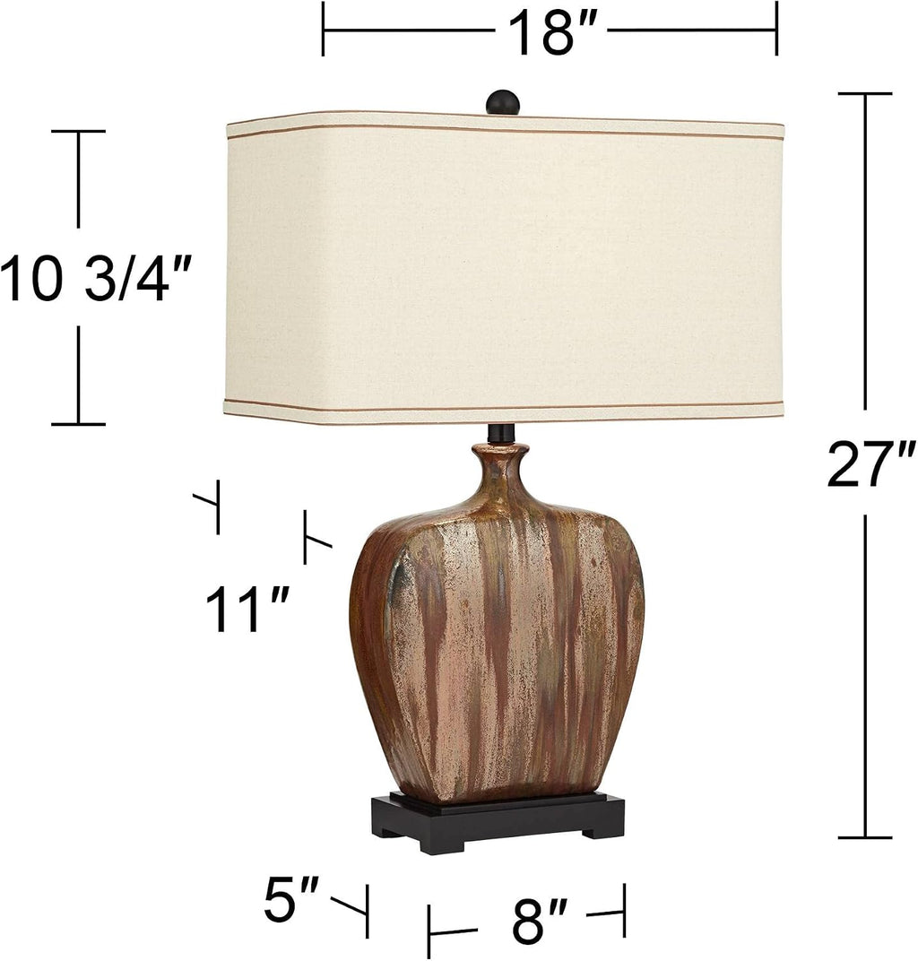 Possini Euro Design Julius Mid Century Modern Table Lamp 27' Tall Brown Ceramic Copper Drip Rectangular Fabric Shade Decor for Living Room Bedroom House Bedside Home Office (Color May Vary)
