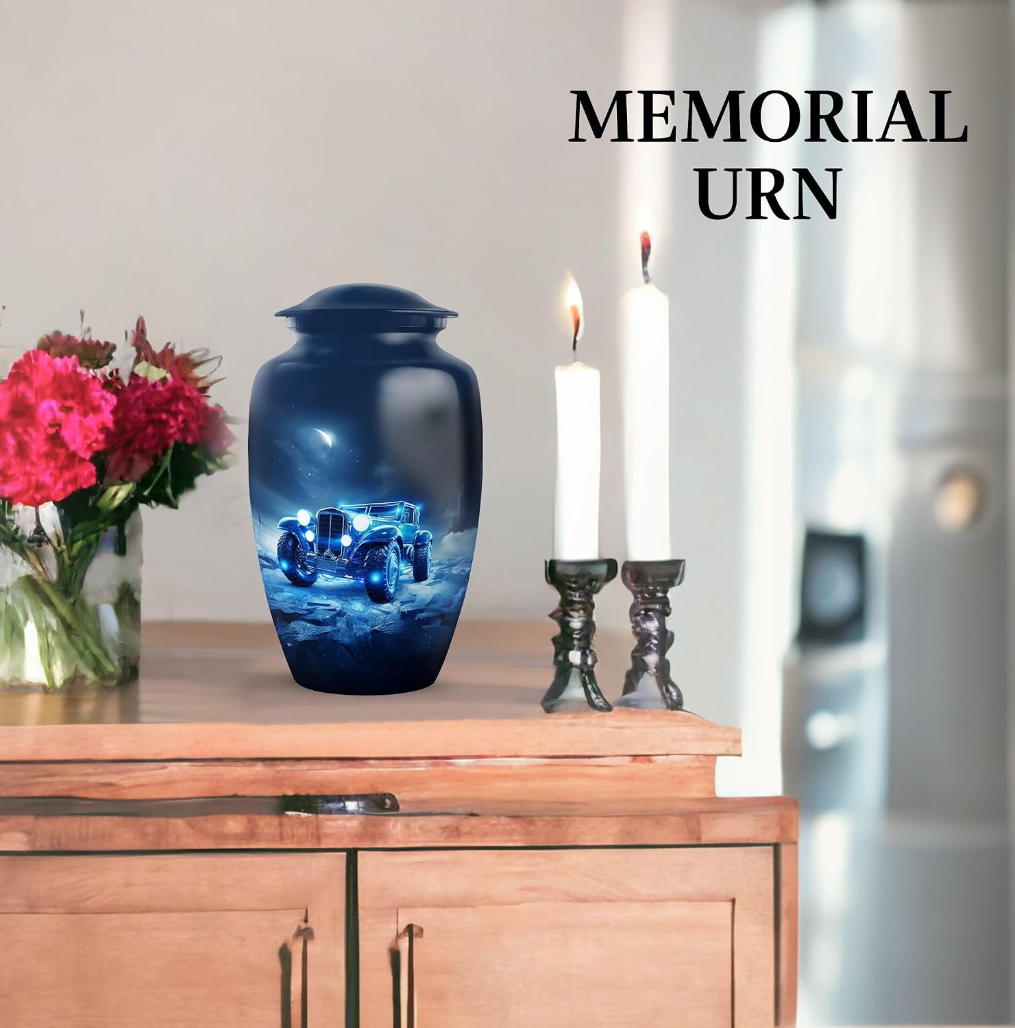Blue Vintage Car Large Burial Urn for Ashes Adult - Memorial Cremation Urns for Human Ashes - Keepsake Decorative Funeral Ash Holder for Adult Male & Female - Set of 5-10 Inch, 3 Inch
