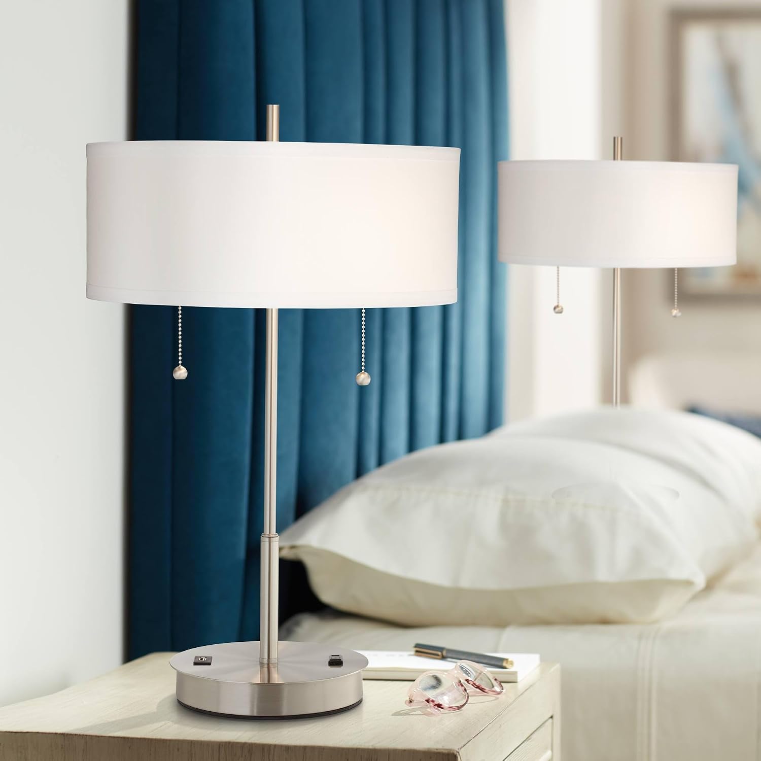 360 Lighting Nikola Modern Accent Table Lamps 23.75' High Set of 2 with Hotel Style USB and AC Power Outlet Slim Silver White Drum Shade for Living Room Desk Bedroom House Bedside Nightstand