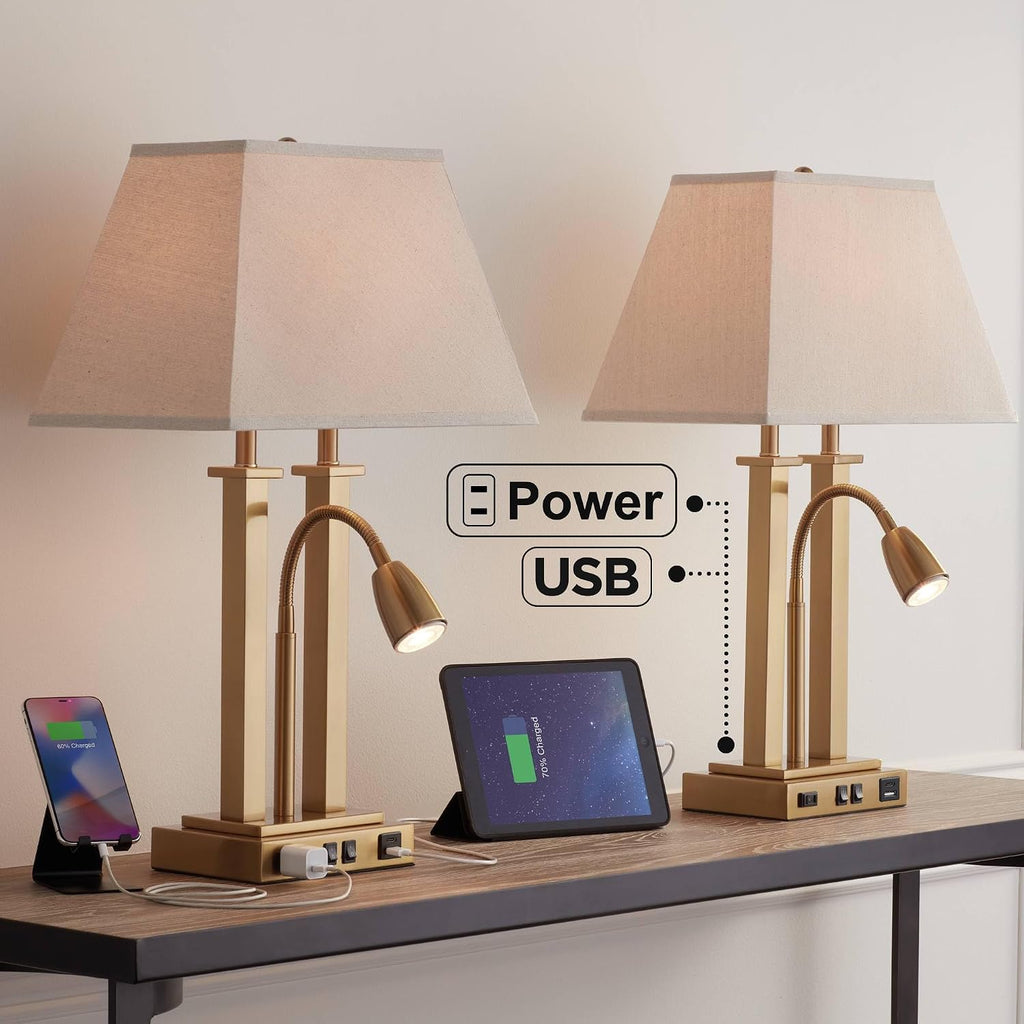 Possini Euro Design Deacon 26' High Traditional Desk Lamps Set of 2 USB Port AC Power Outlet Gooseneck Gold Brass Finish Metal Oatmeal Shade Home Office Living Room Charging Bedroom Bedside