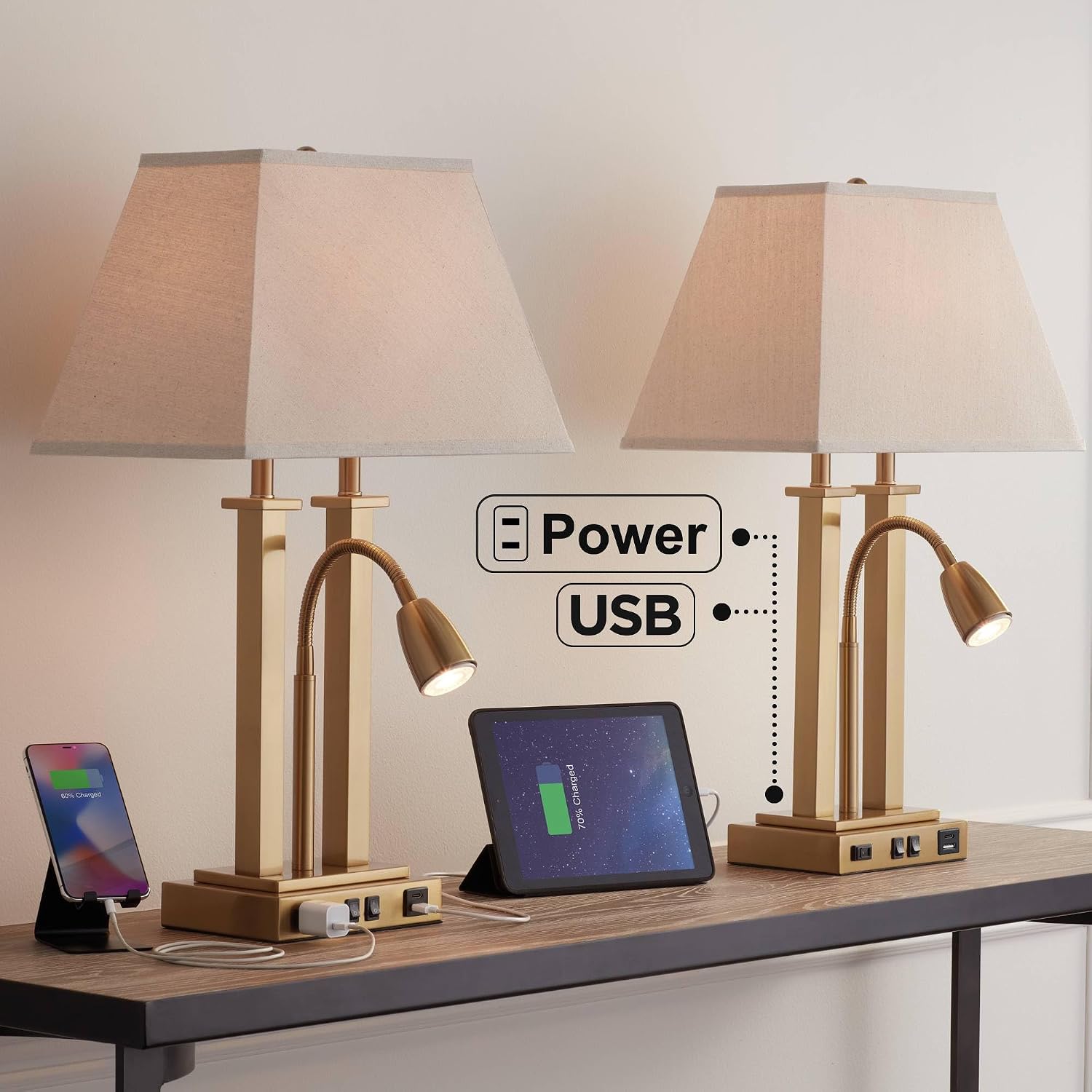 Possini Euro Design Deacon 26' High Traditional Desk Lamps Set of 2 USB Port AC Power Outlet Gooseneck Gold Brass Finish Metal Oatmeal Shade Home Office Living Room Charging Bedroom Bedside