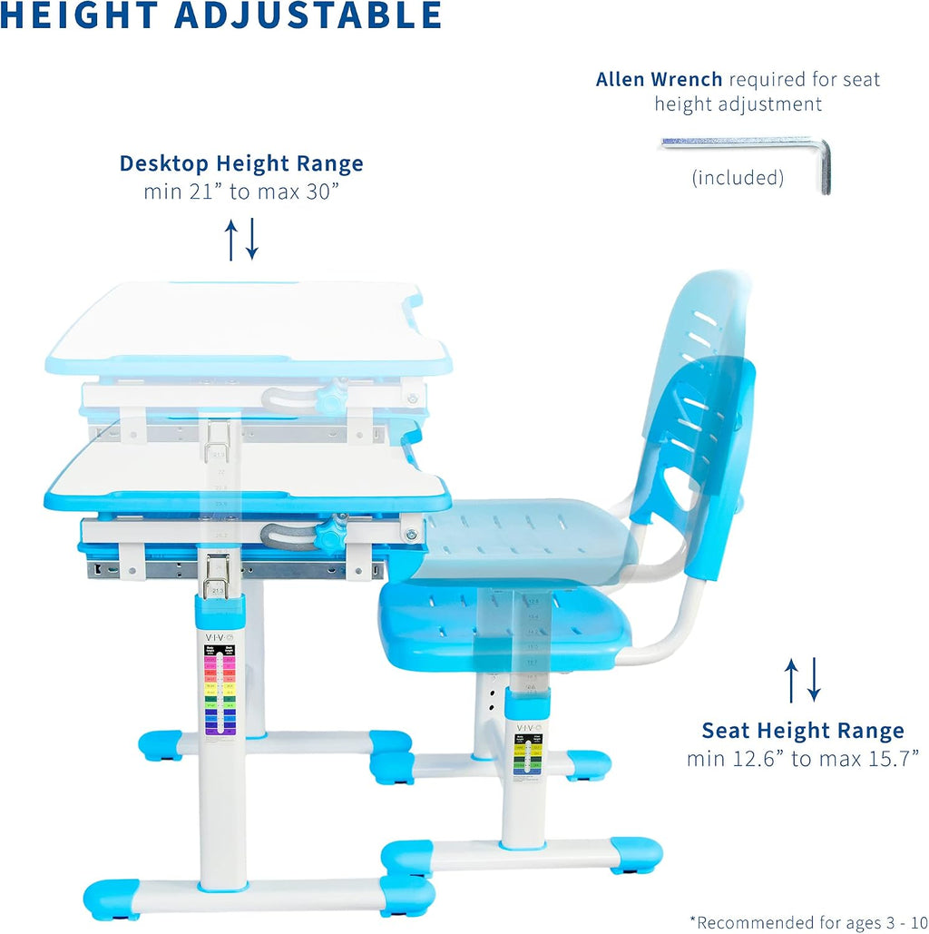 VIVO Height Adjustable Children's Desk and Chair Set, Kids' Multifunctional Interactive Workstation for School Writing Study Play, Tilting Desktop with Pullout Storage Drawer, Blue, DESK-V201B