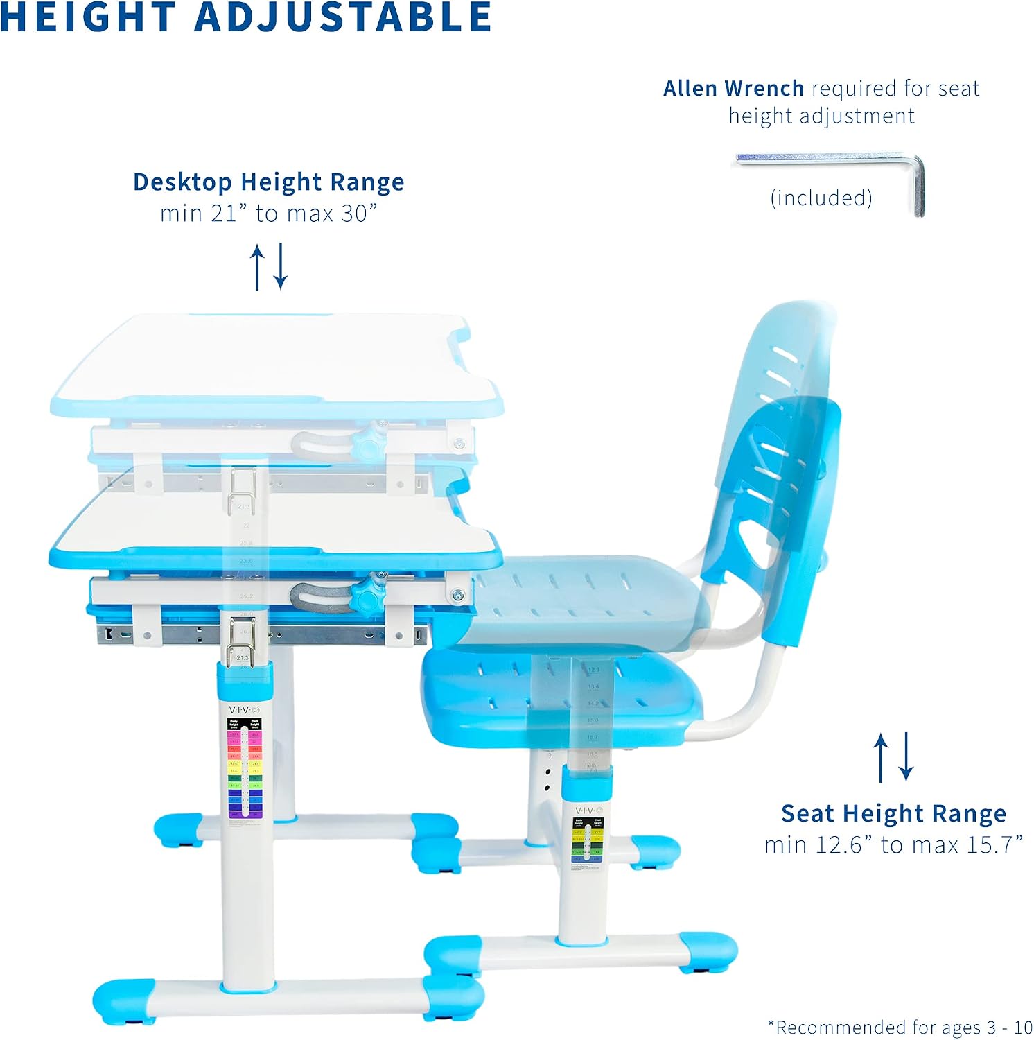 VIVO Height Adjustable Children's Desk and Chair Set, Kids' Multifunctional Interactive Workstation for School Writing Study Play, Tilting Desktop with Pullout Storage Drawer, Blue, DESK-V201B