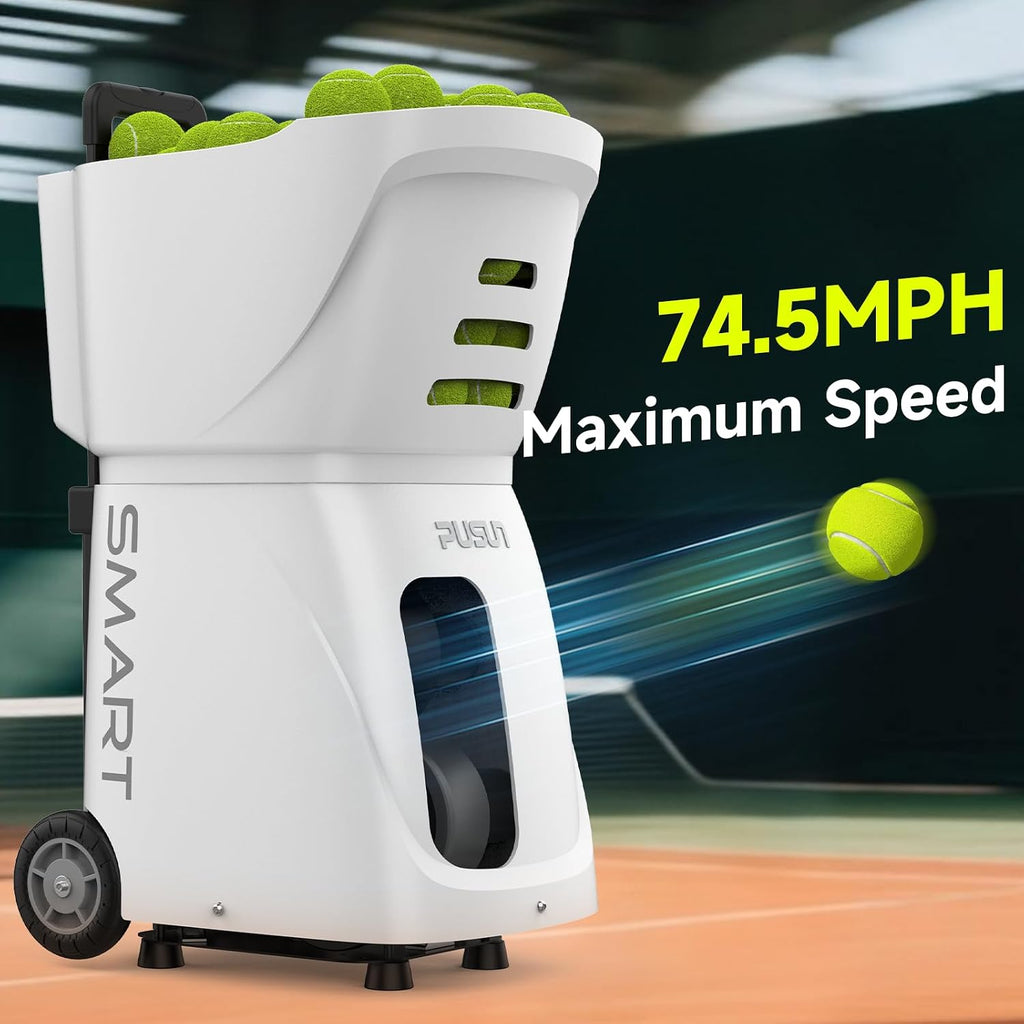 Tennis Ball Machine, Tennis Ball Launcher with App/Remote/iWatch Control, Max Speed of 75Mph, 1.8-8s/Ball, Multiple Training Modes(AI Drill/Programming/Random/Vary Speed) 4-6Hrs Battery Life