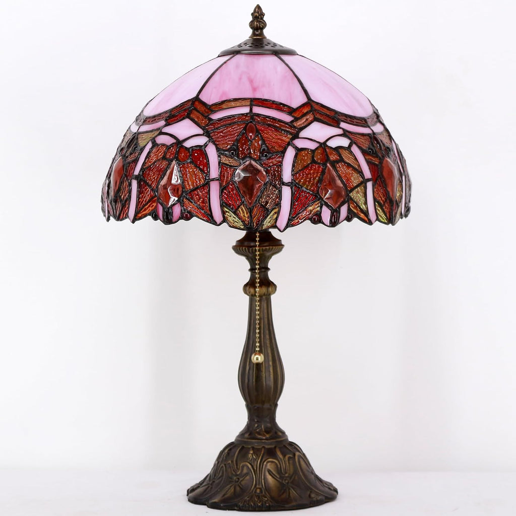 Tiffany Table Lamp Stained Glass Lamp 12X12X19 Inch Antique Reading Light (Pink Jewelry)