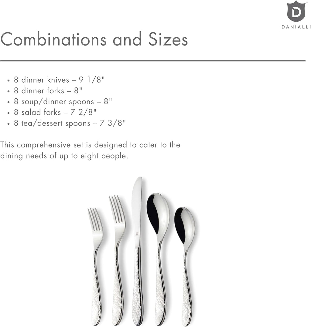 Danialli Matte Silverware Set, 18/10 Stainless Steel Satin Flatware, Modern Brushed Finish Cutlery, Dishwasher Safe & Durable, Built to Last (40-Piece, Marettimo Hammered)