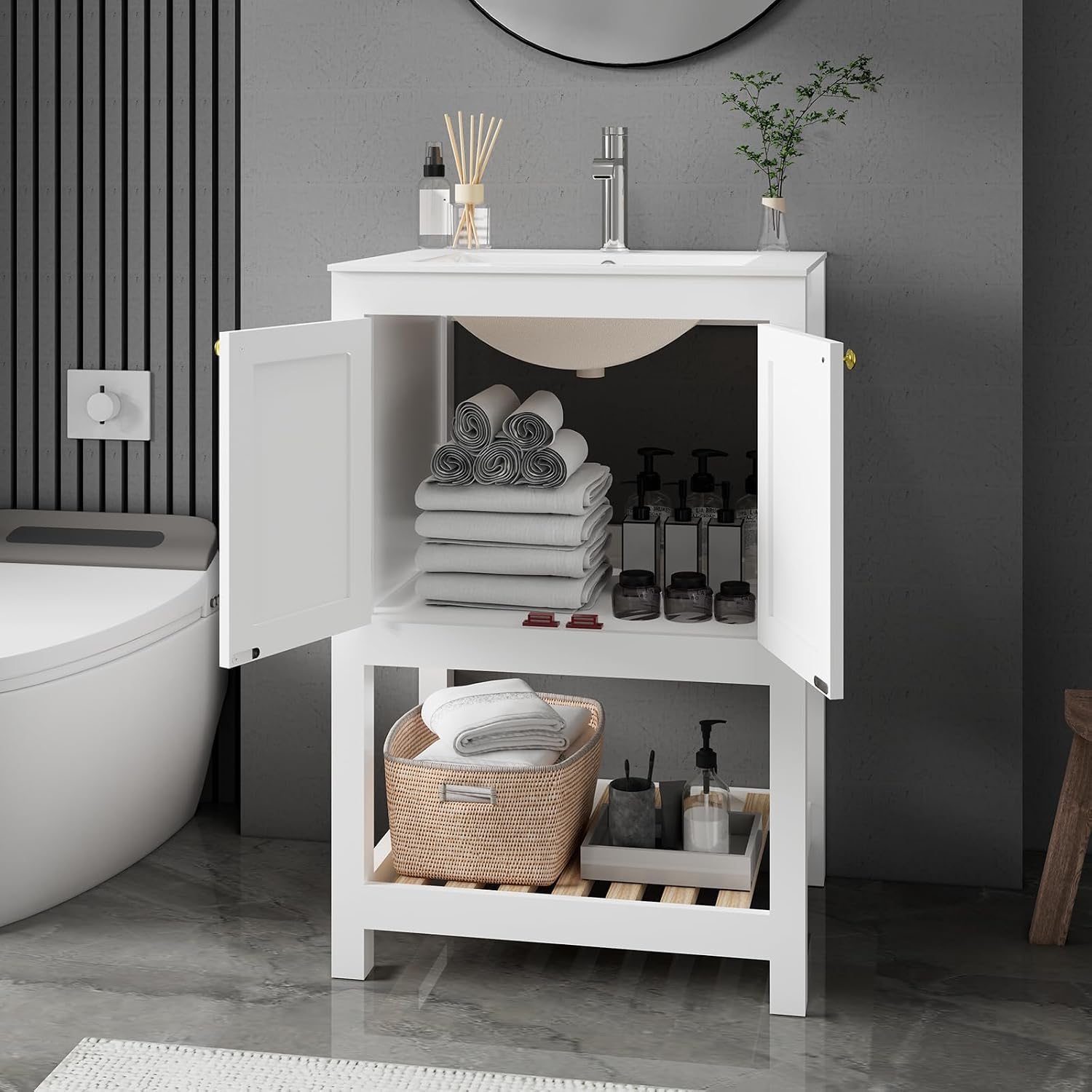 24 Inch Small Bathroom Vanity with Sink, Modern Bathroom Sink Cabinet with Open Shelf, Ceramic Basin, White