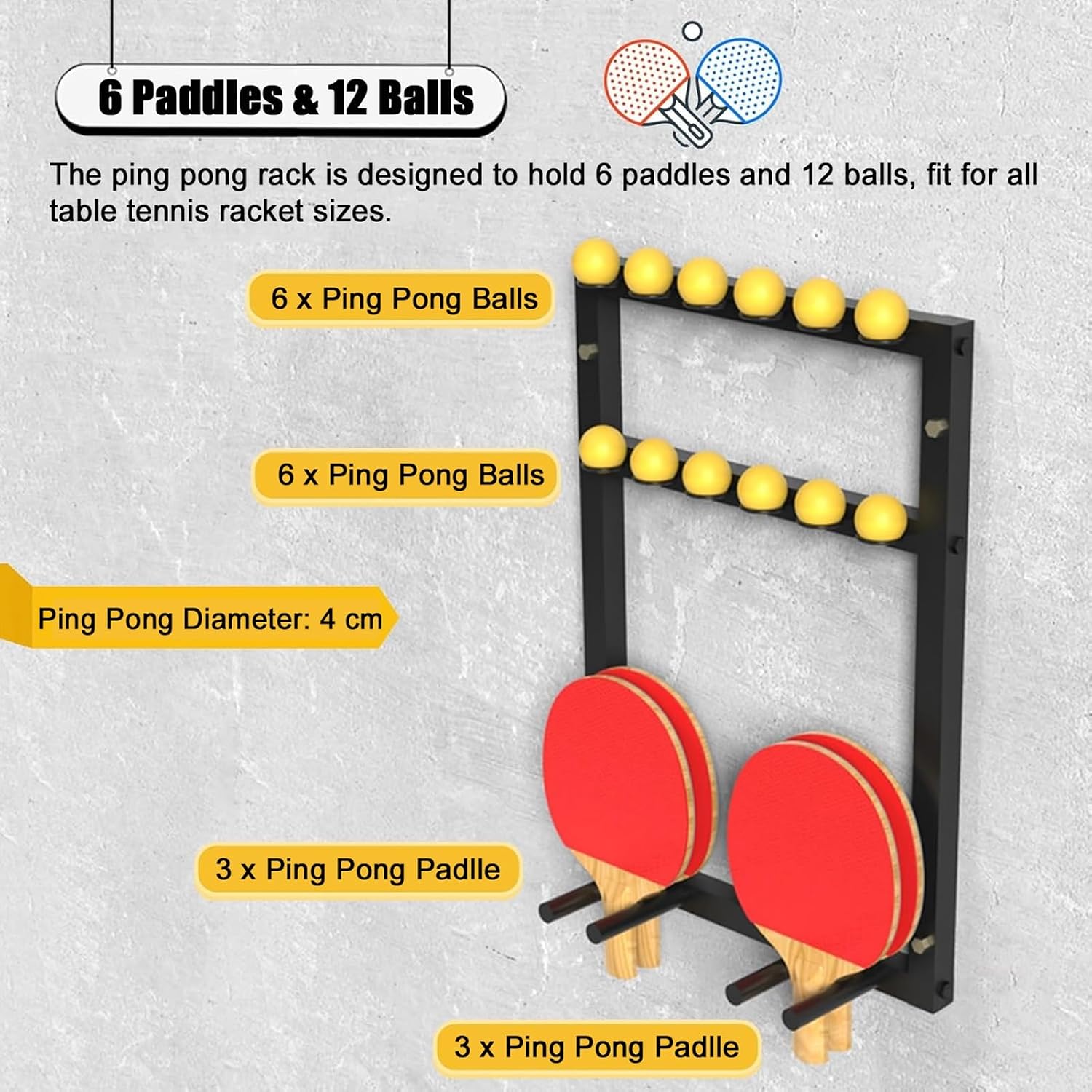 Ping Pong Paddles Holder Wall-Mount, Metal Table Tennis Storage Rack for Game Room/Garage/Gym - Holds 12 Balls & 6 Paddles, Space Saving Display Stand Holder Shelf Sport Equipment Organizer