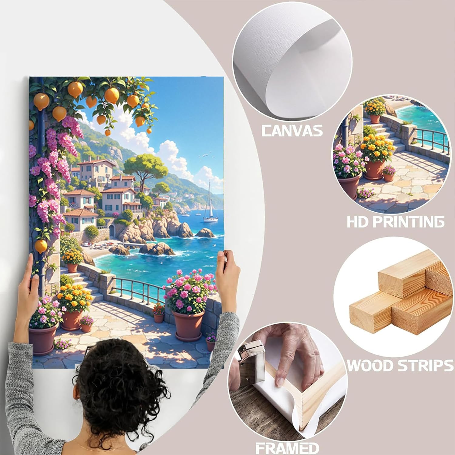 Italian Amalfi Coast Lemon Tree Garden Mediterranean Style Wall Art | Wrapped canvas, space display, nature landscape poster, Mediterranean style, no glare
