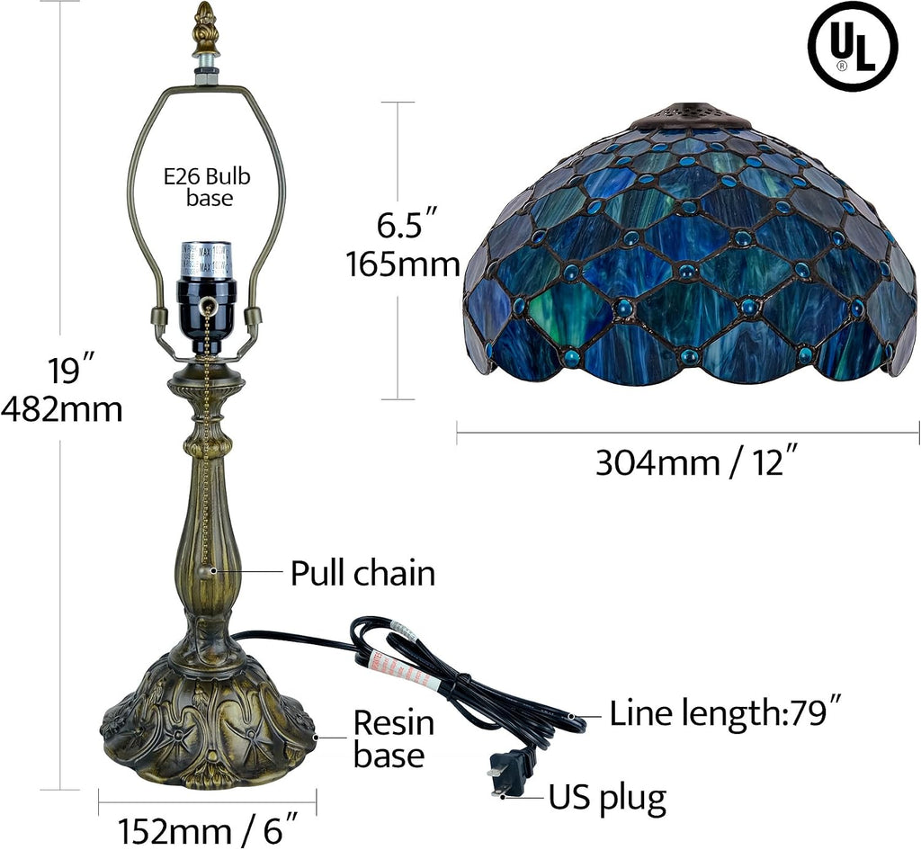 Tiffany Style Table Lamp Vintage Stained Glass Desk Lamp Sea Blue Pearls Bedside Reading Light Decor Bedroom Living Room Entry Home Office D12 xH18