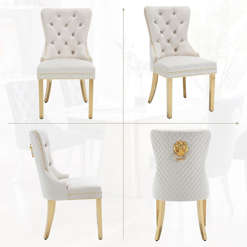 Velvet Dining Chairs Set of 2, Upholstered Dining Room Chairs, Mid-Century Modern Chairs with Diamond Lattice Tufted Back, Lion Pull Ring Rivet Trim, Golden Metal Legs for Kitchen, Beige