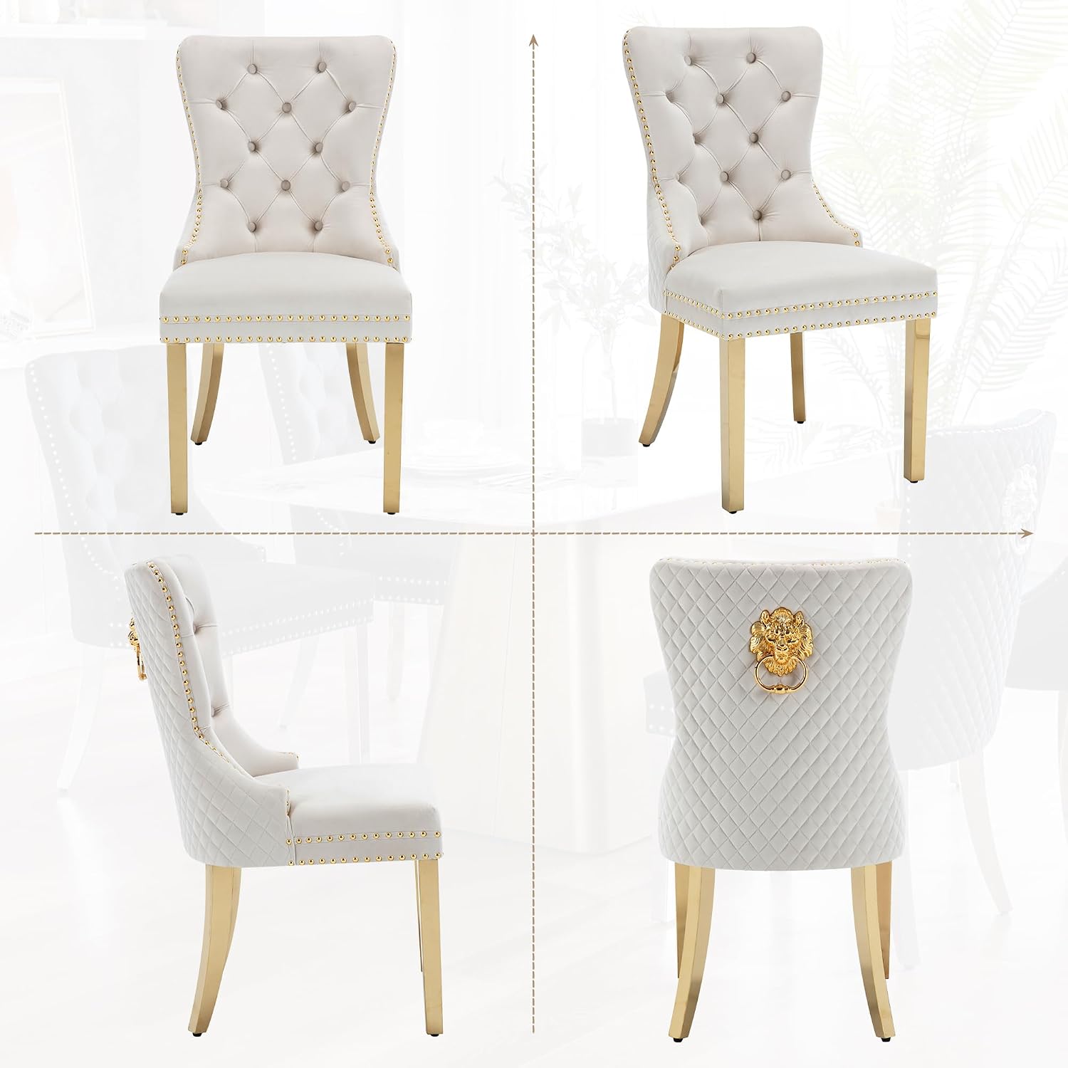 Velvet Dining Chairs Set of 2, Upholstered Dining Room Chairs, Mid-Century Modern Chairs with Diamond Lattice Tufted Back, Lion Pull Ring Rivet Trim, Golden Metal Legs for Kitchen, Beige