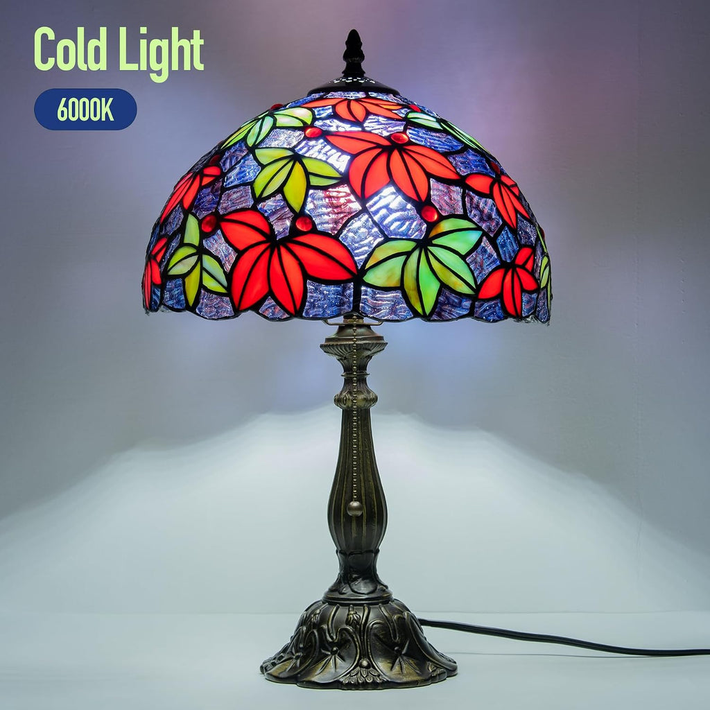 Tiffany Style Table Lamp, 12 Inch Stained Glass Bedside with Red Green Maple Leaf Design Vintage Handcrafted Nightstand Lamp for Reading Living Room Bedroom Office