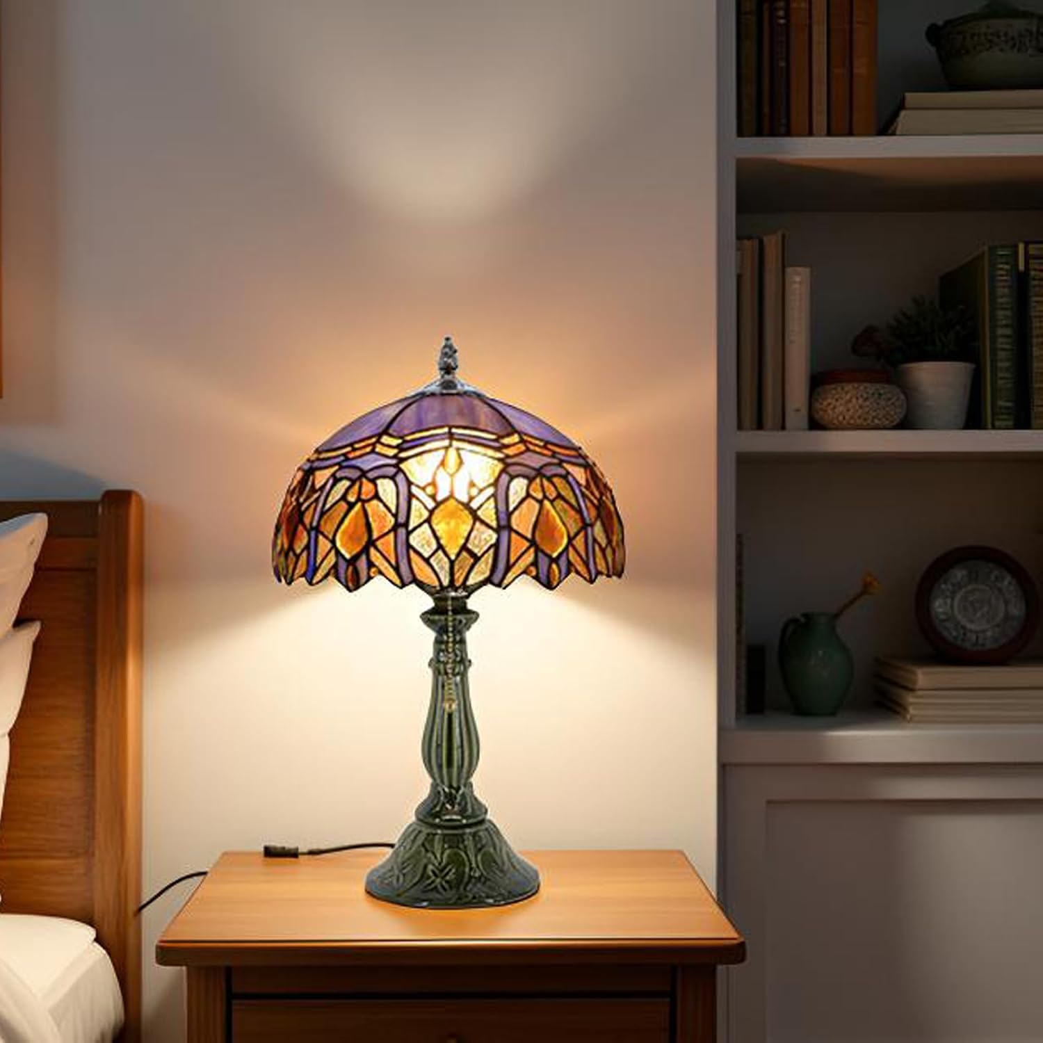 Tiffany Lamp Stained Glass Table Lamps Purple Jewelry Baroque Style Desk Lamp 12X12X18.5 Inch Bronze Ceramic Base Reading Light Suitable for Bedside Bedroom Living Room Dining Room Office