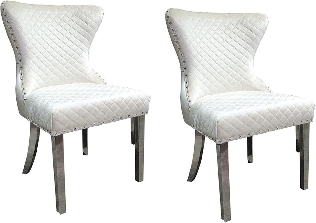 Anova Side Dining Chair Set of 2, Rivet Trim, Silver Stainless Steel, White Fabric