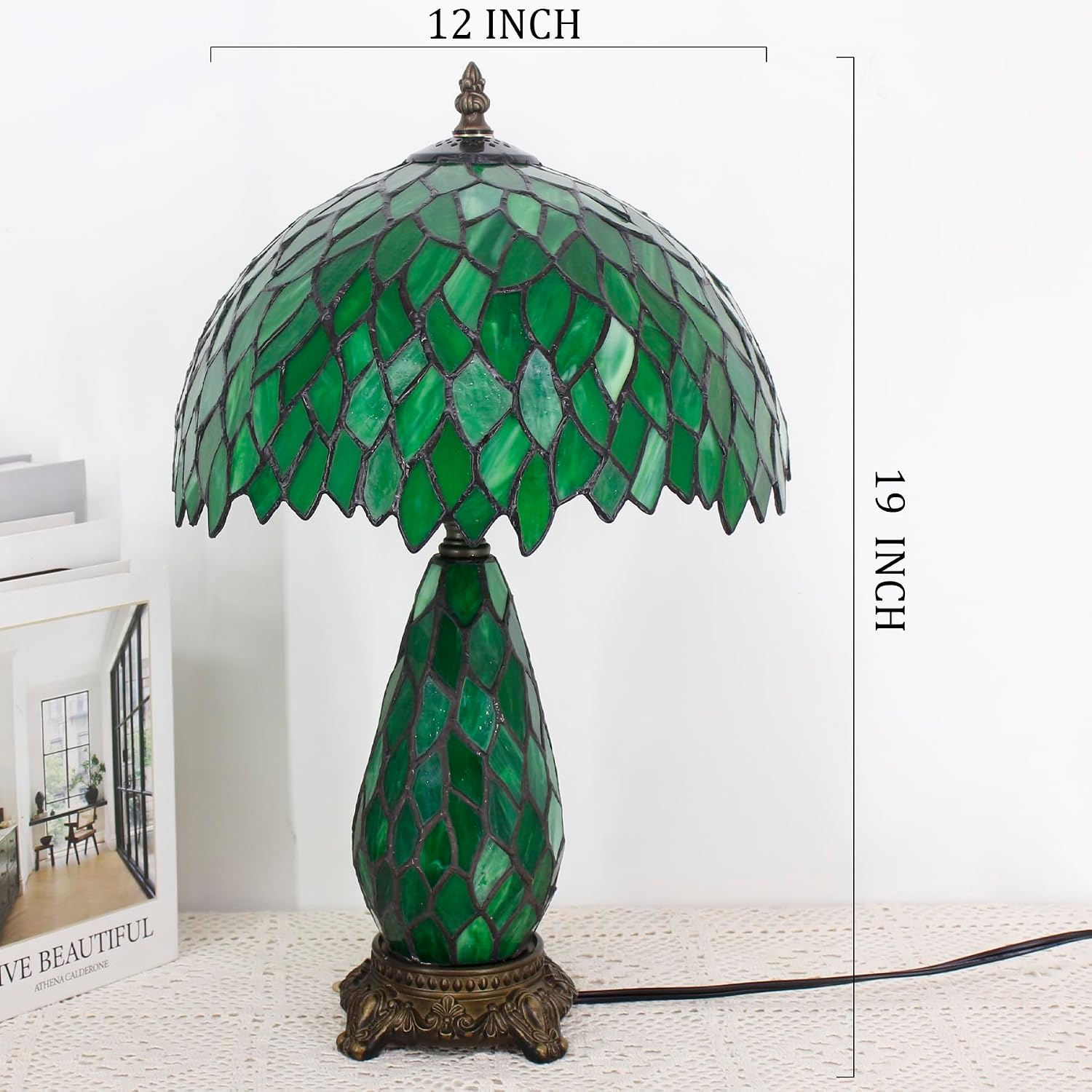 Tiffany Lamp Stained Glass Table Lamp 12X19 Inches Mother Daughter Vase Desk Accent Night Light for Bedroom Bedside Reading Home Antique Style (Green Wisteria)