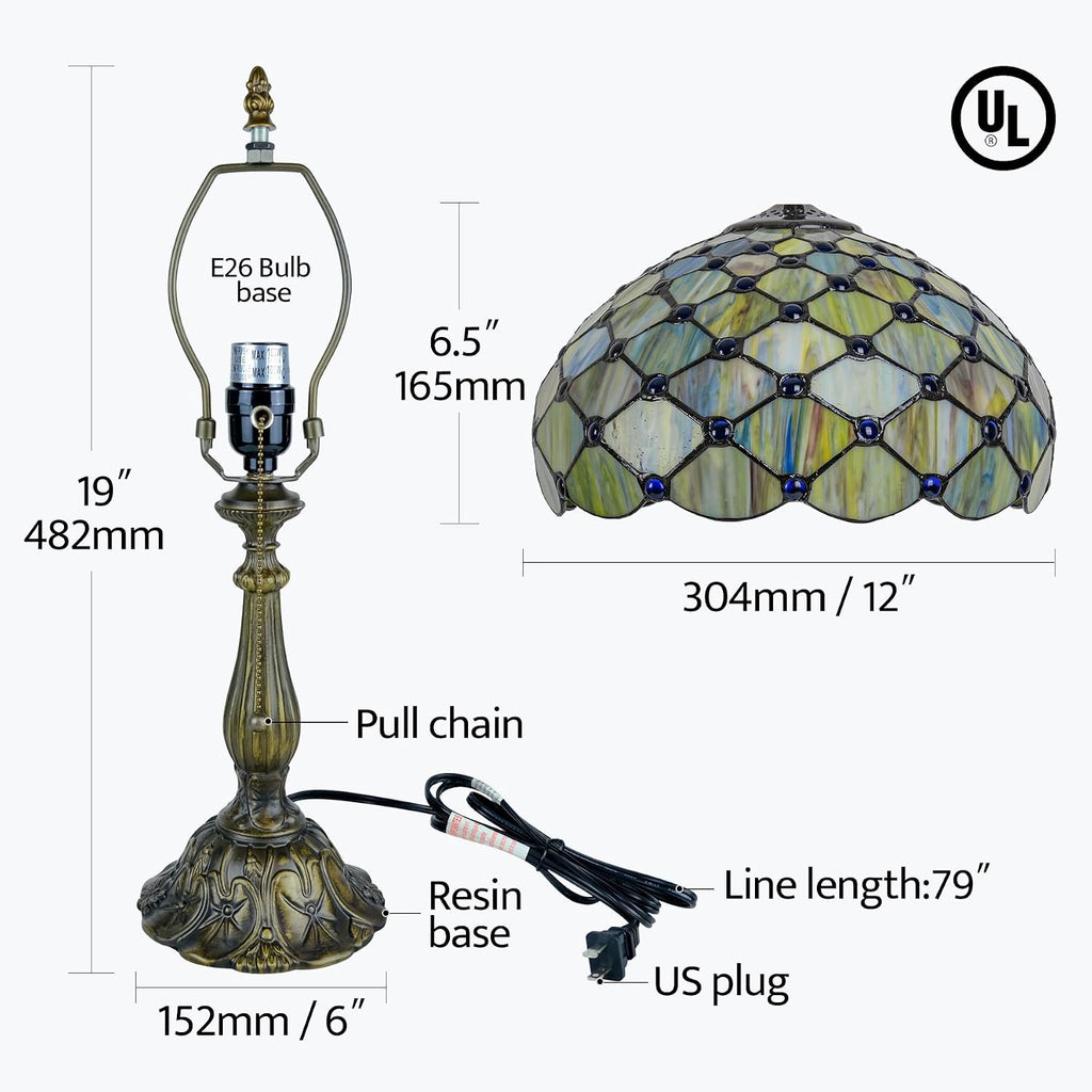 Tiffany Lamp Gradient Green Stained Glass Table Lamp Desk Bedside Reading Light Decor Bedroom Living Room Home Office D12*H18 Inches