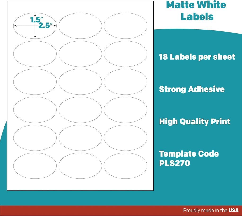 Premium Label Supply White Sticker Oval Labels – 2.5' x 1.5' Oval – Laser/Inkjet Compatible – (18 per Sheet), 1000 Sheets – 18,000 Total Adhesive Labels