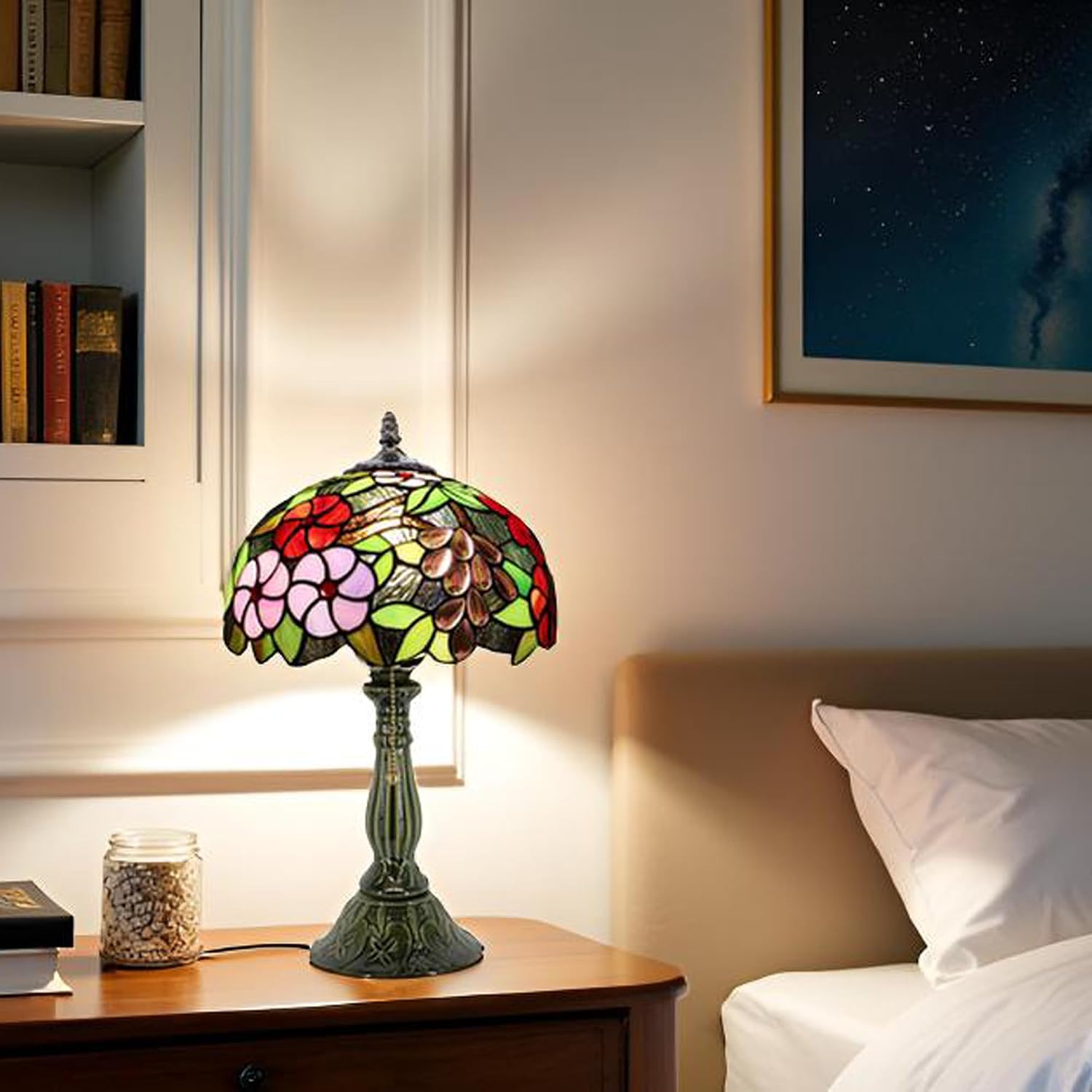 Tiffany Lamp Stained Glass Table Lamps Amber Grape Style Desk Lamp 12X12X18.5 Inch Bronze Ceramic Base Reading Light Suitable for Bedside Bedroom Living Room Dining Room Office