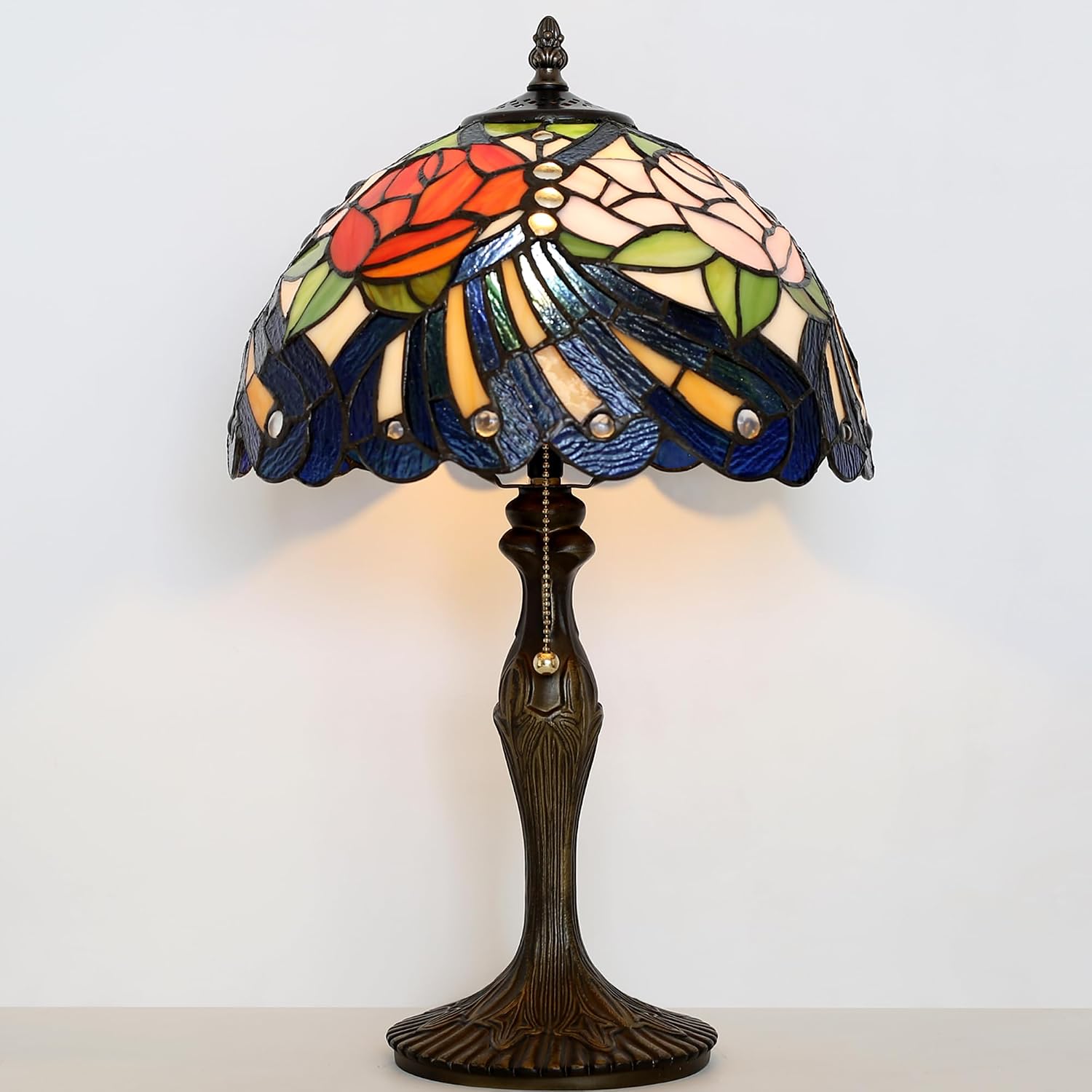 Tiffany Lamp Stained Glass Table Lamp 12' x 19' Pink Red Rose Style Decorative Lamp Bedside Reading Lamp for Desk Living Room Bedroom Office Study Light Home Decor Gift
