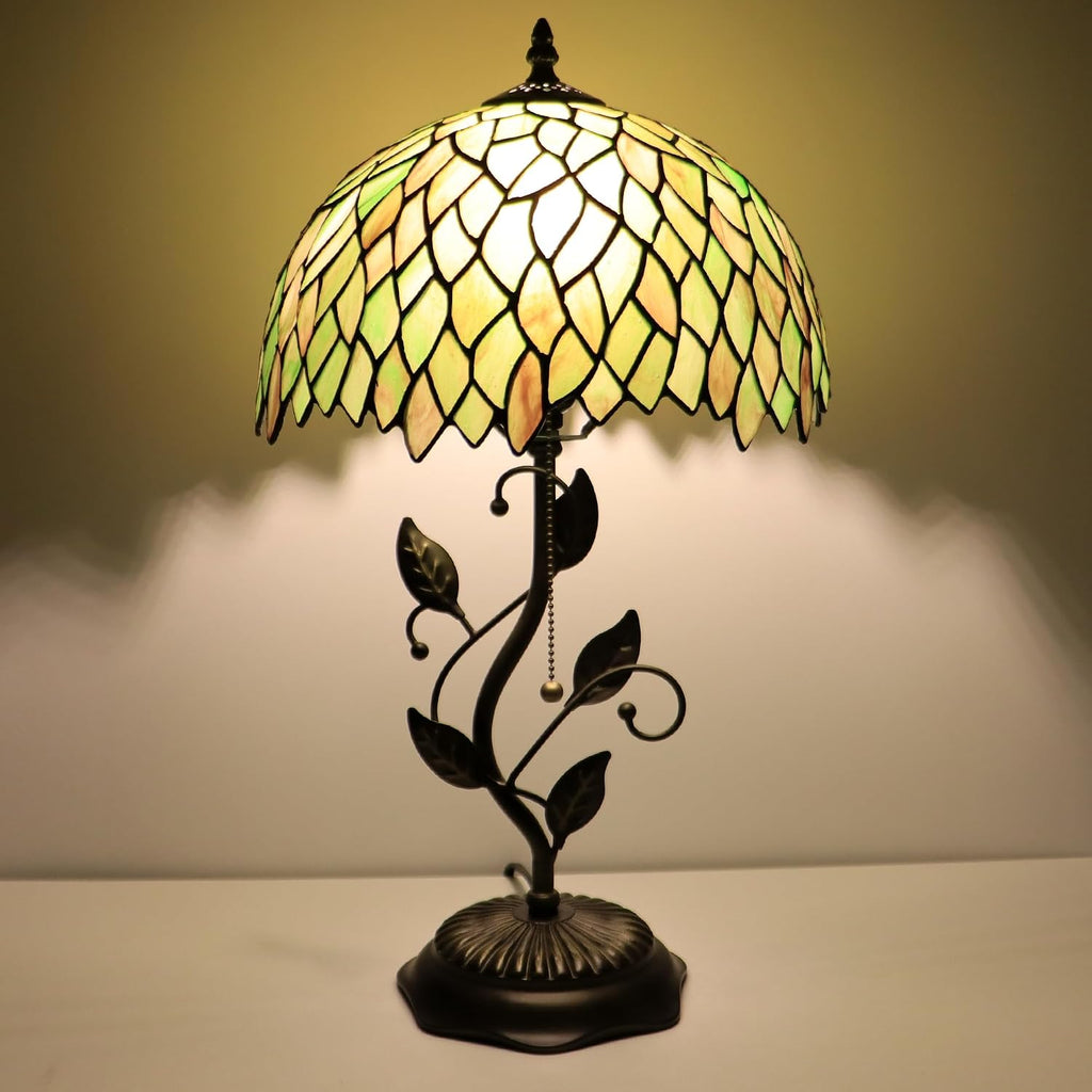 Tiffany Lamp Brownish Green Leafage Style Stained Glass Table Lamp Desk Bedside Reading Light 12X12X19 Inches with Metal Leaf Base