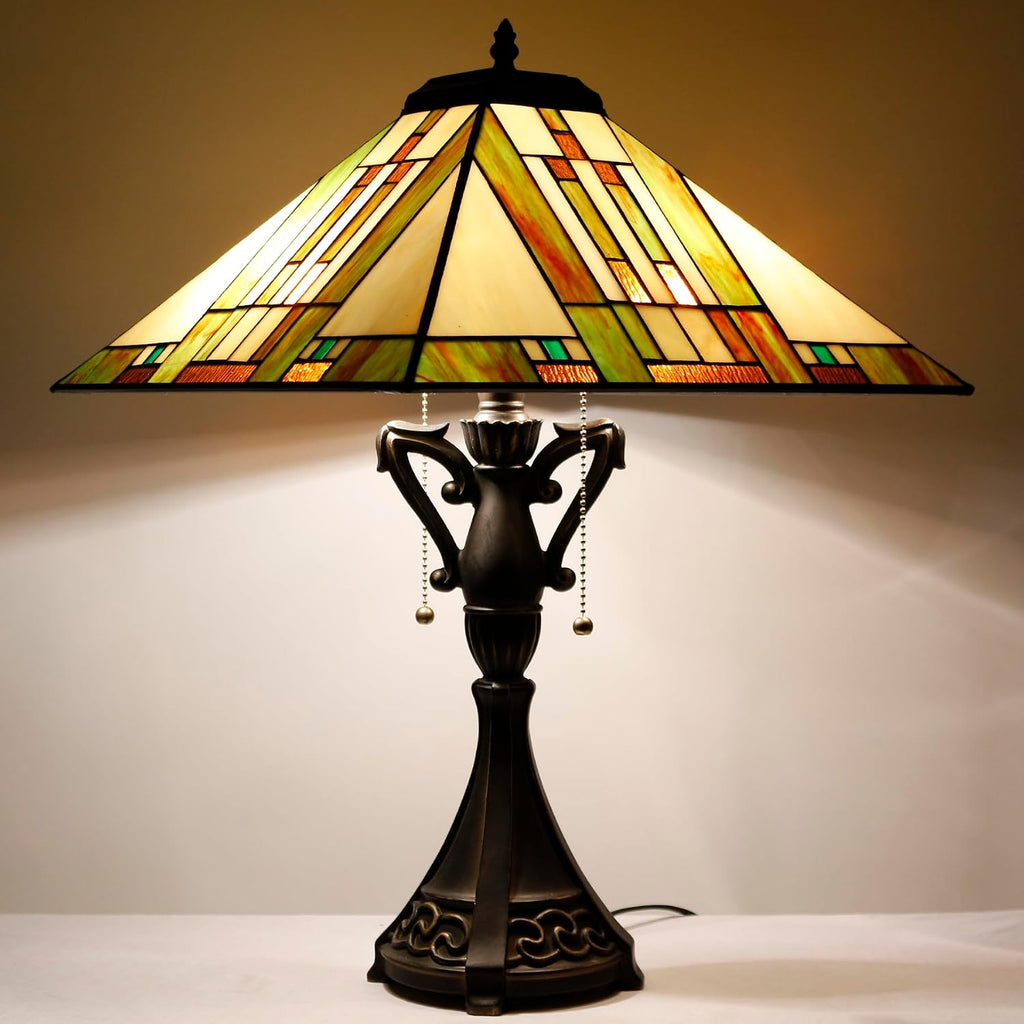 Tiffany Table Lamp Stained Glass Blue White Brown Square Mission Style Desk Reading Light 16X16X24 Inch for Bedroom Living Room Home Office